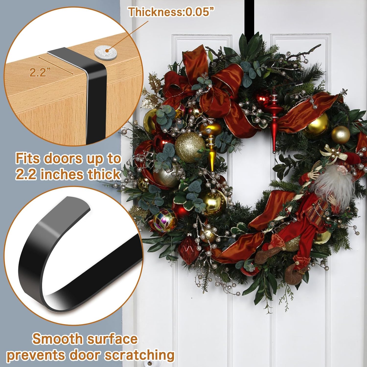 4 Pack Wreath Hanger for Front Door - Metal Hook Black