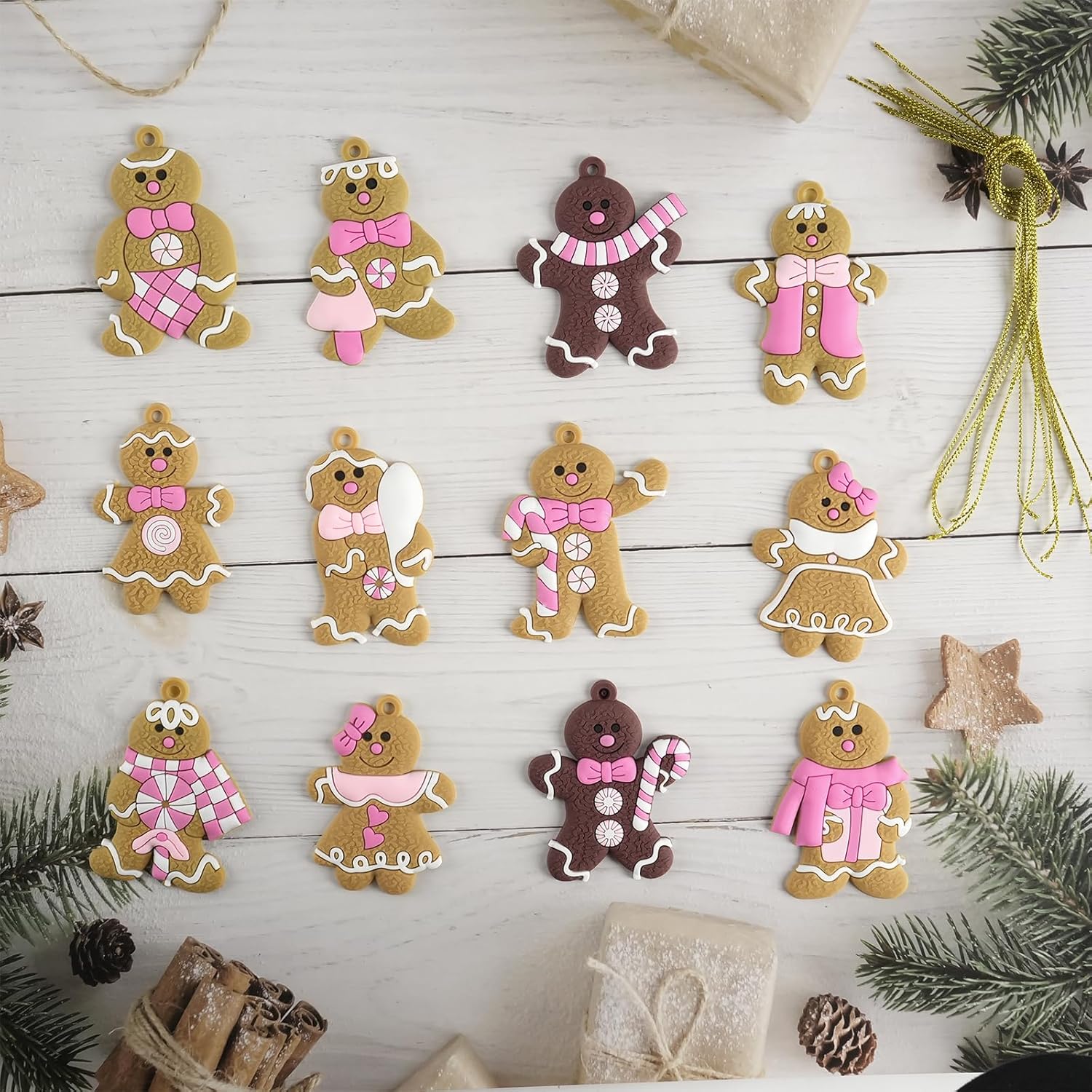 Pink Gingerbread Man Christmas Tree Decorations 12pcs Hanging Ornaments