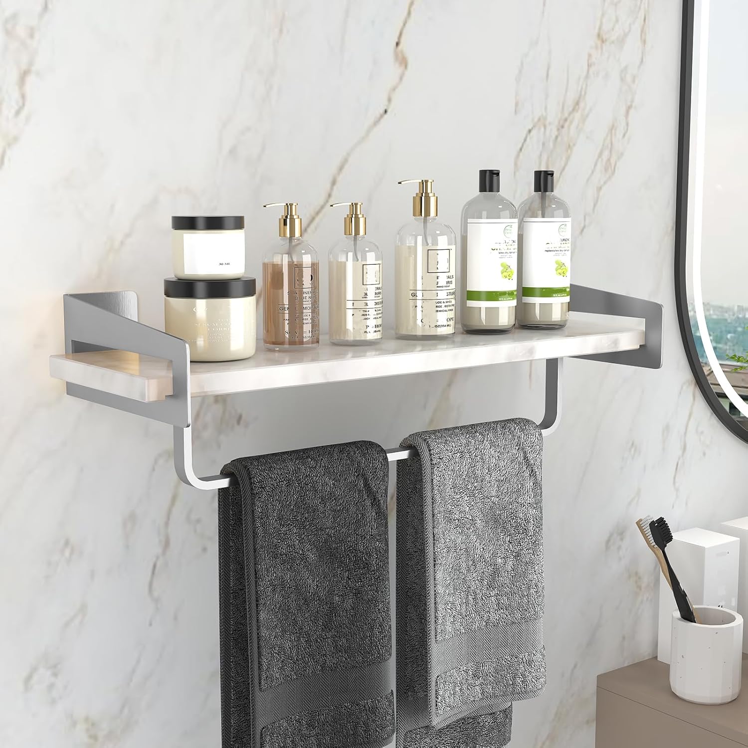 Marble Bathroom Wall Shelf with Towel Bar Silver