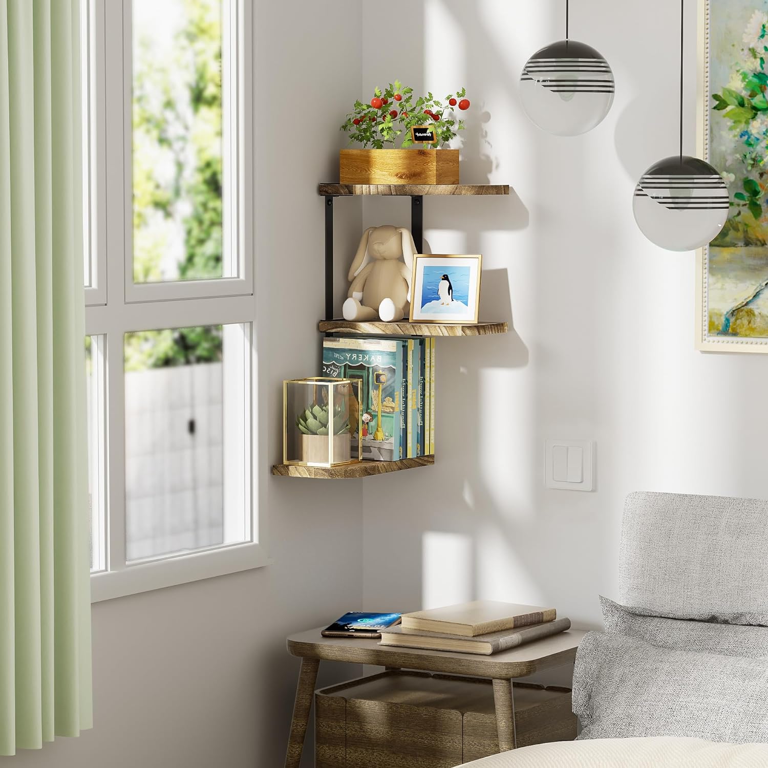 Love-KANKEI 3 Tier Rustic Wood Floating Corner Shelf