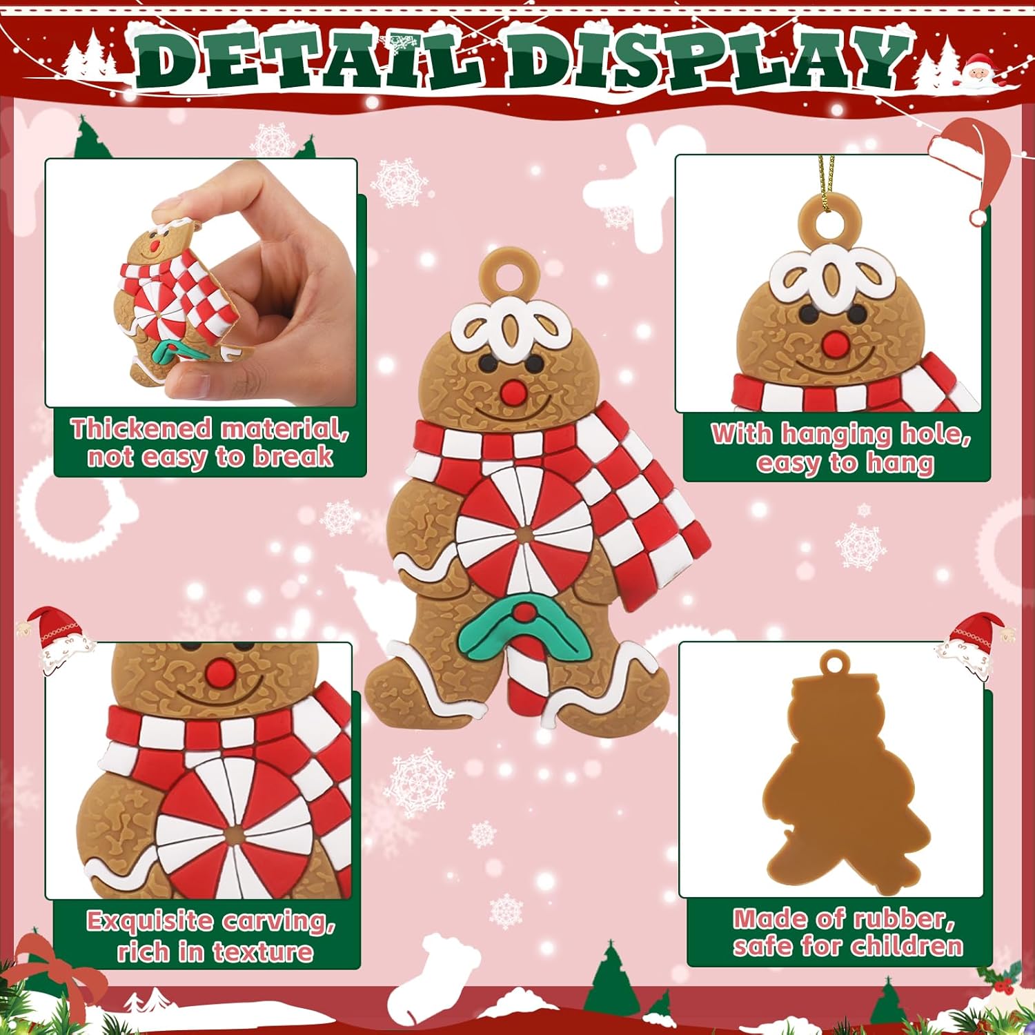 12pcs Christmas Gingerbread Man Ornaments with Gold Ropes