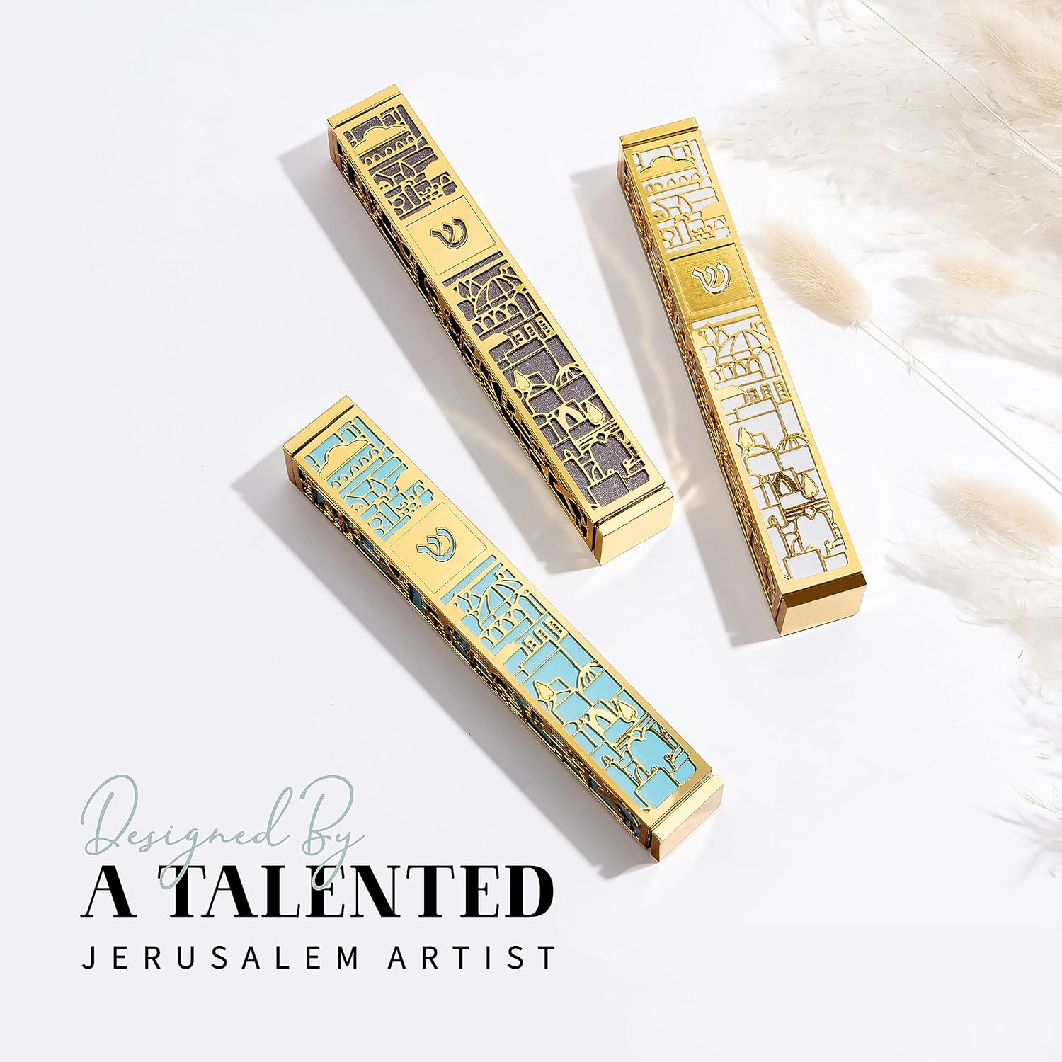 SURI Mezuzah with Jerusalem Design 5-Inch Gold Turquoise Case