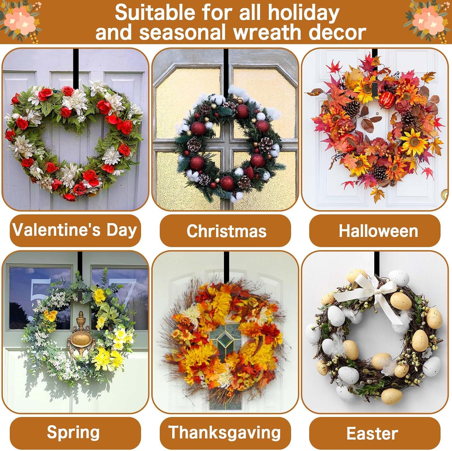 4 Pack Wreath Hanger for Front Door - Metal Hook Black