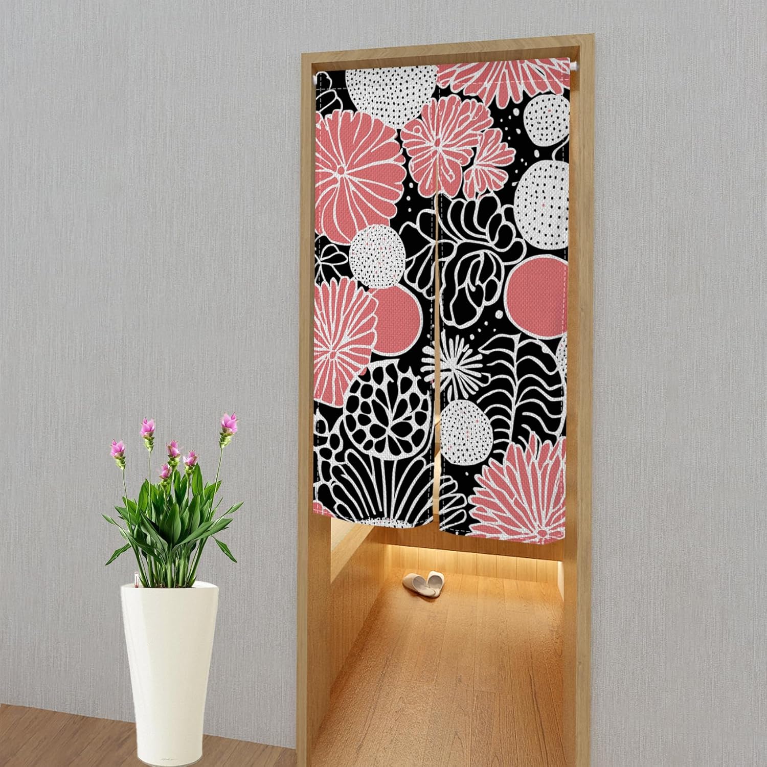 Modern Boho Pink Flower Noren Curtain Panel