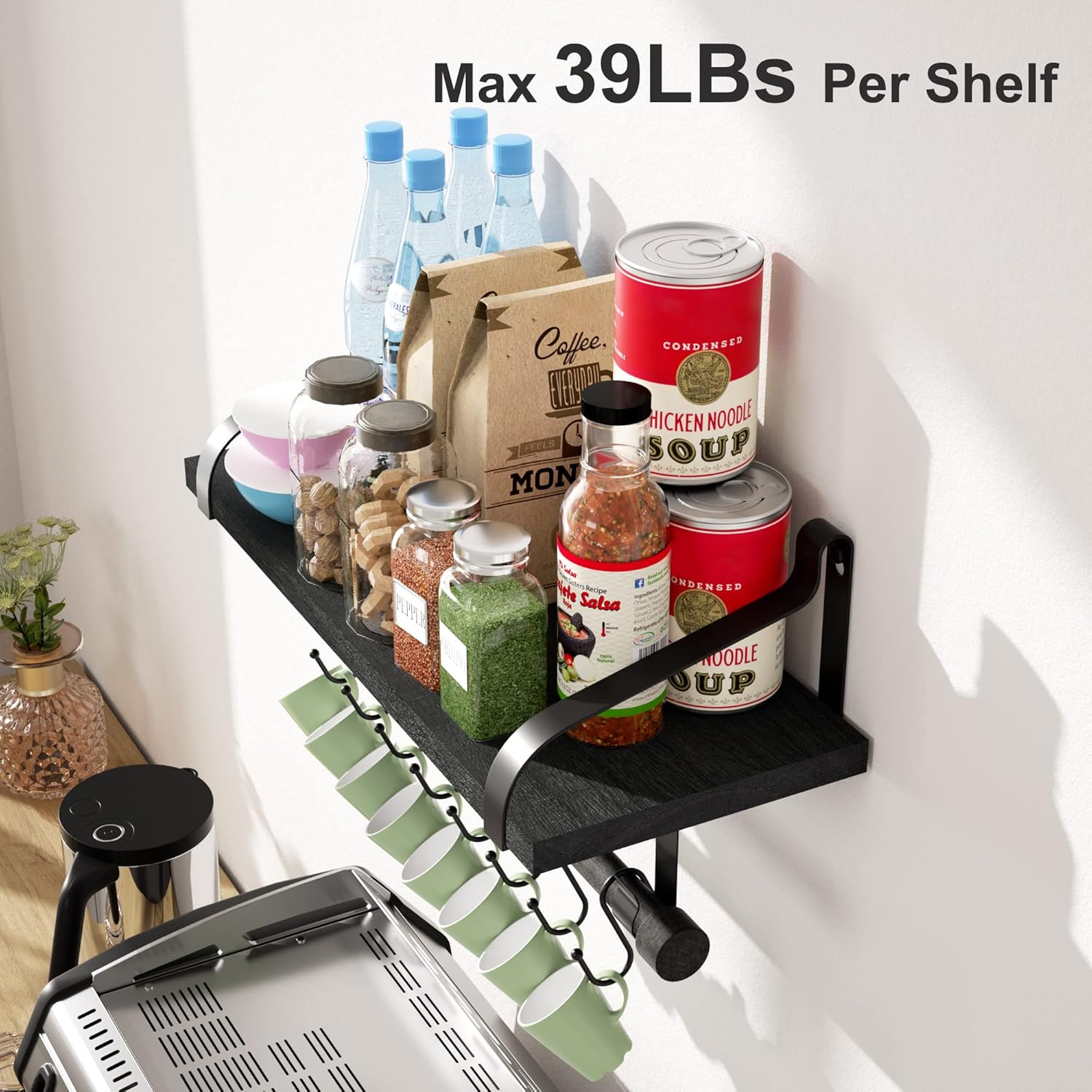 Love-KANKEI Floating Shelves with 8 Hooks Black 173 Inch