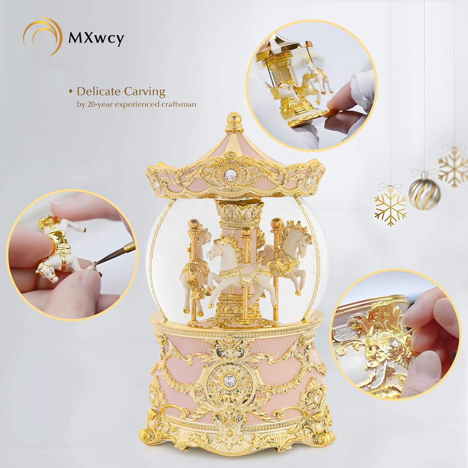 Carousel Music Box Gold Pink Christmas Snow Globe