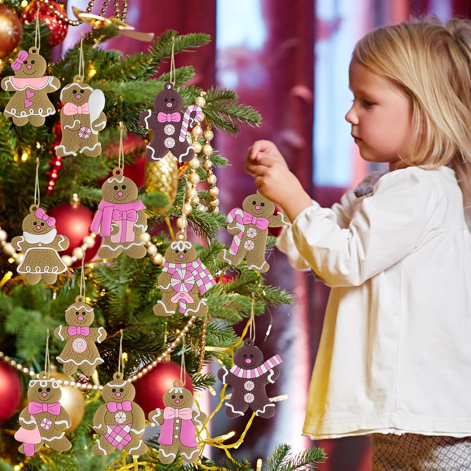 Pink Gingerbread Man Christmas Tree Decorations 12pcs Hanging Ornaments
