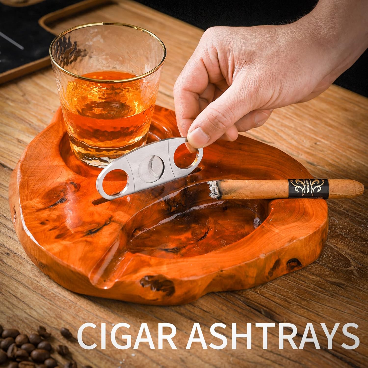 Wooden Cigar Ashtray with Whiskey Glass and Cutter Holder Large