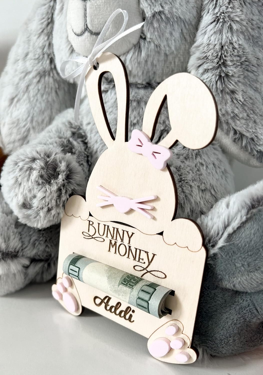 Custom Name Easter Bunny Money Holder - Wooden Basket Decoration