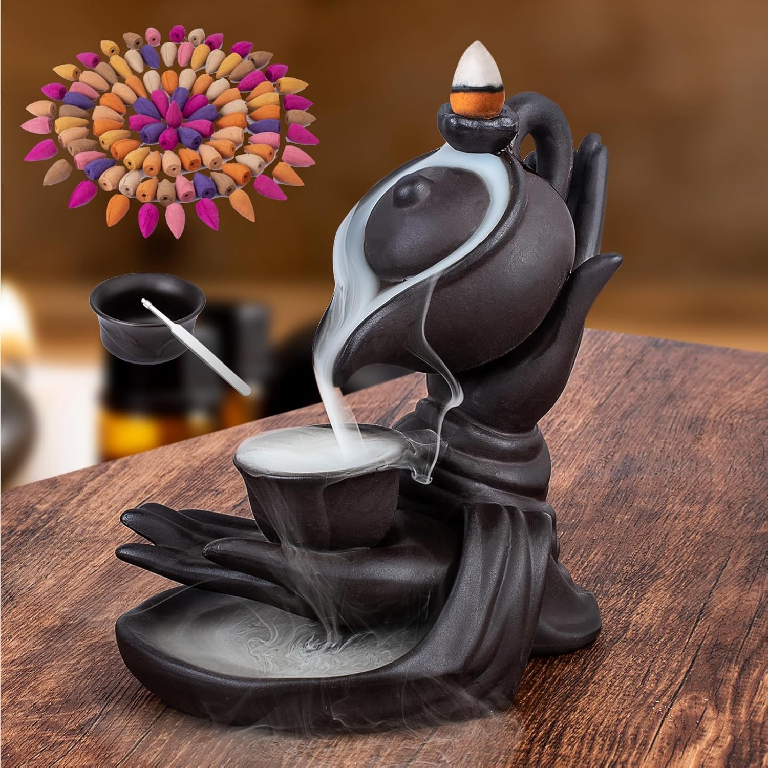 WONXISYO Waterfall Incense Burner with 100 Cones 10 Scents