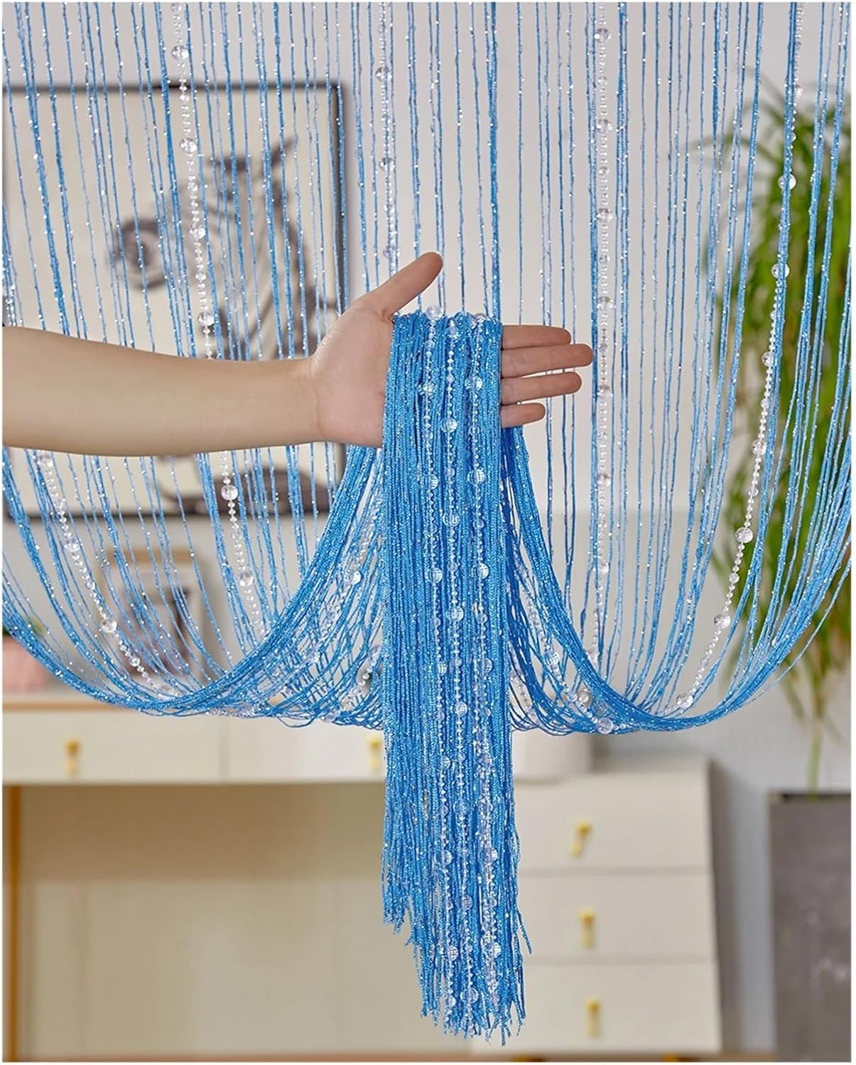 Beaded Door Curtain with Crystal Beads and Tassel Blue
