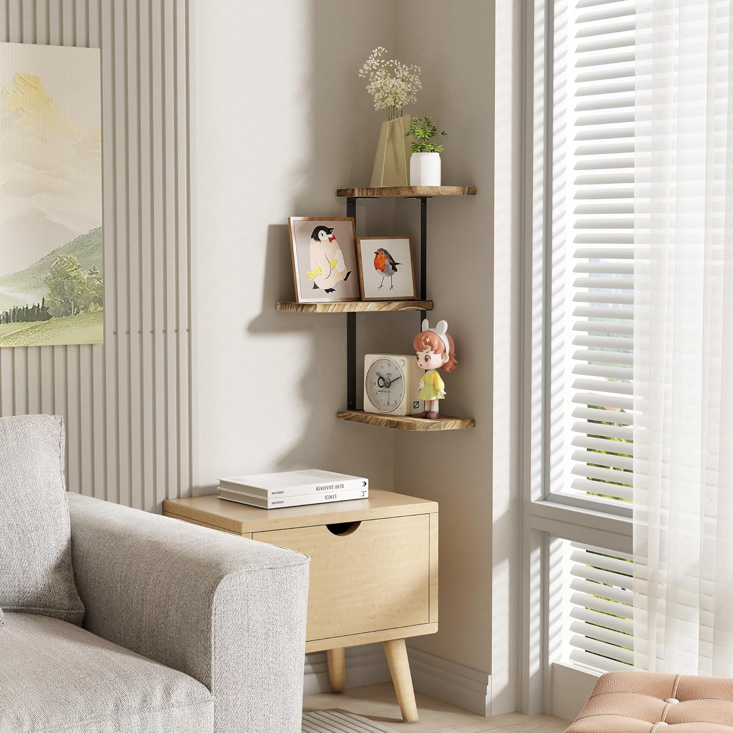 Love-KANKEI 3 Tier Rustic Wood Floating Corner Shelf