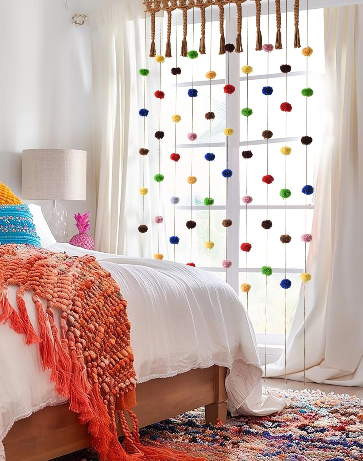 IOWER Pom Pom Macrame Curtain for Kids Room Decor