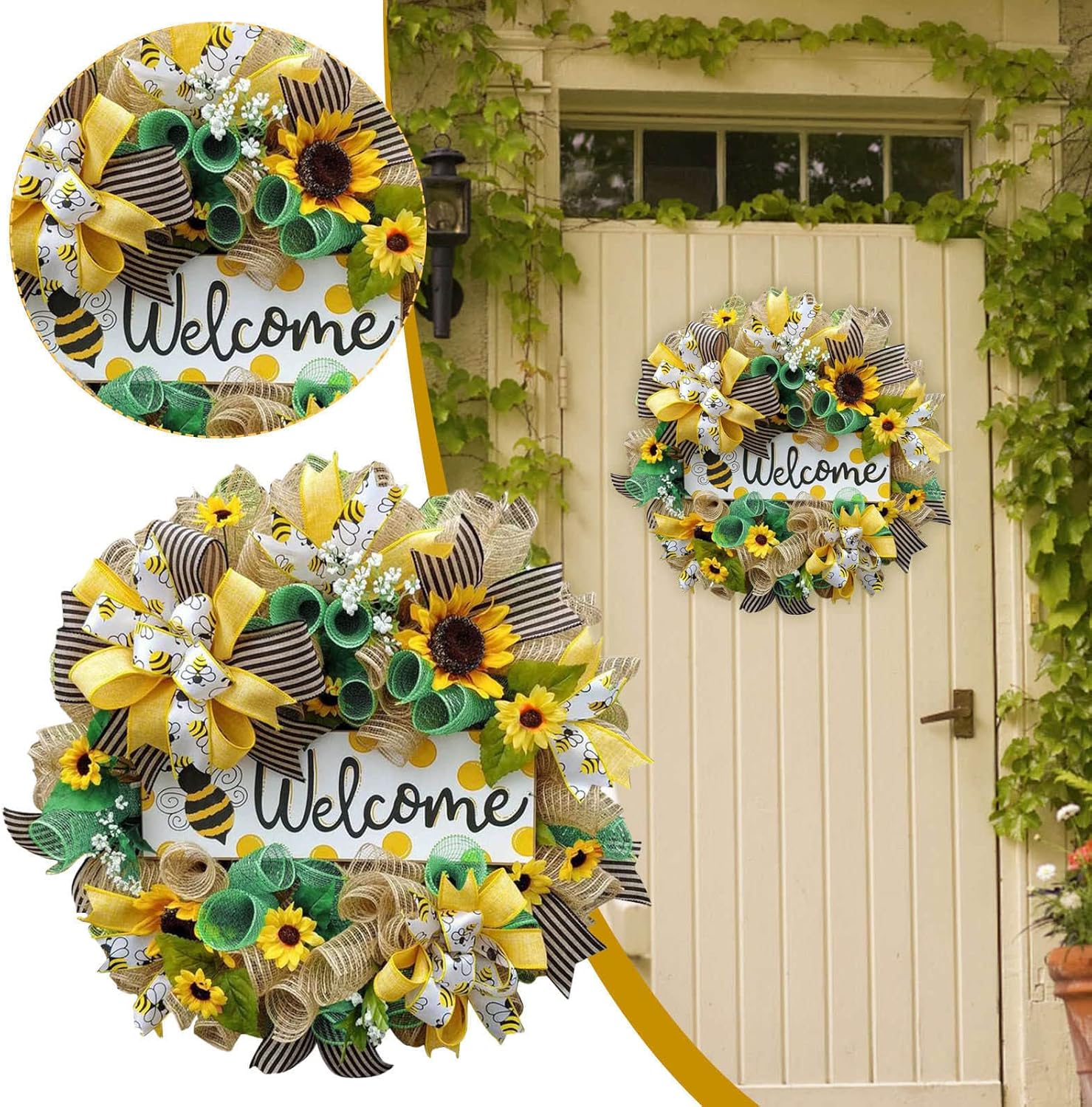 Summer Wreath with Sunflowers and Bees