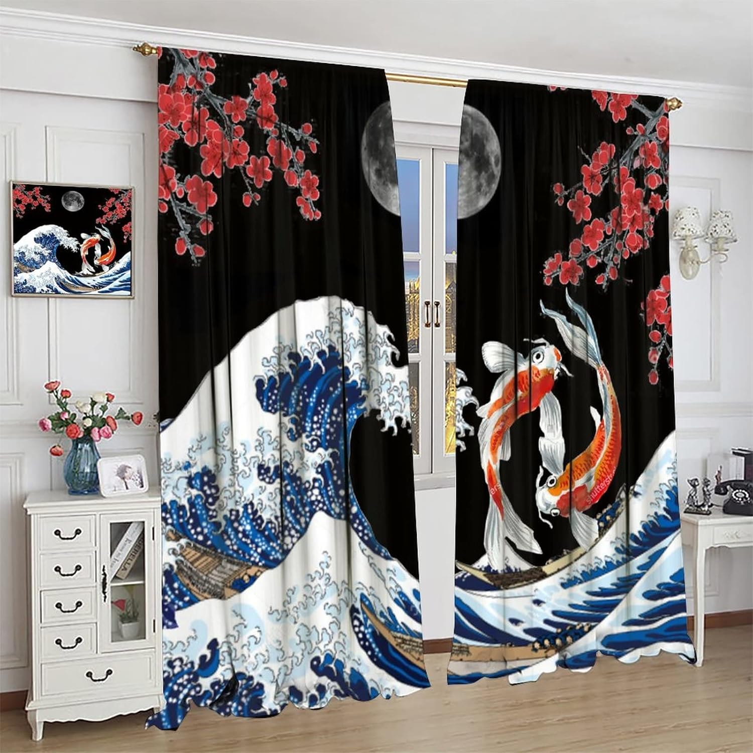 Fantasy Yin Yang Koi Fish Window Curtains 55x63in Blackout
