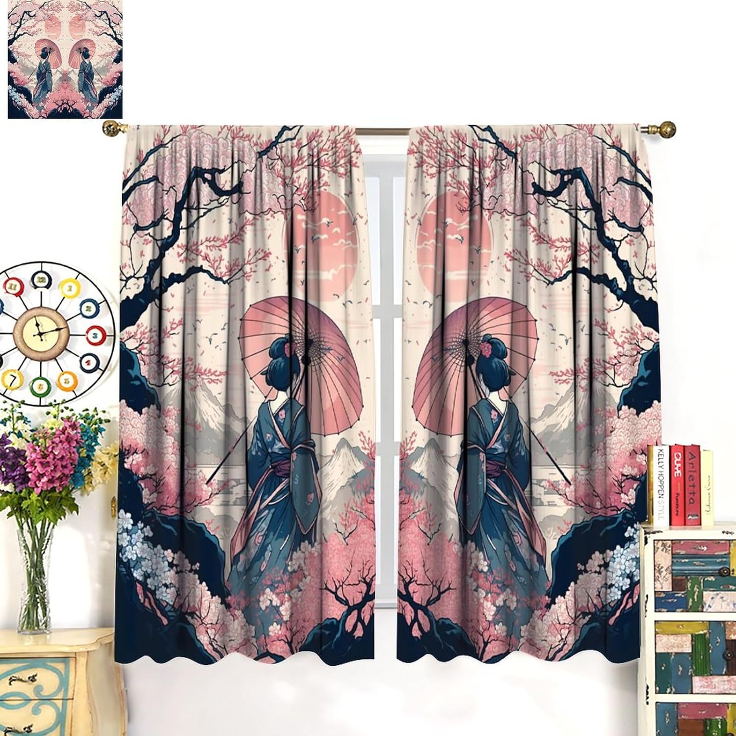 Yoakiet Decorative Blackout Curtains Kimono Woman with Cat 42x63in