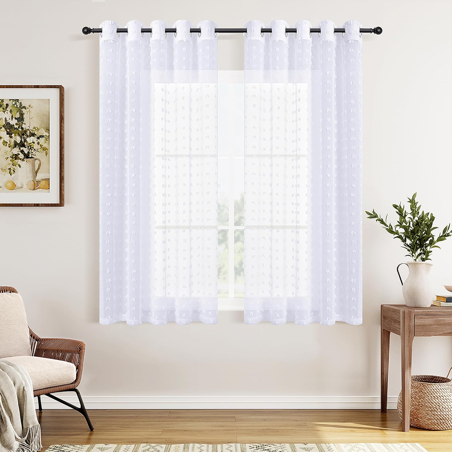 Guken Grommet Pom Pom Sheer Curtains 2 Panels 63 Inch Length