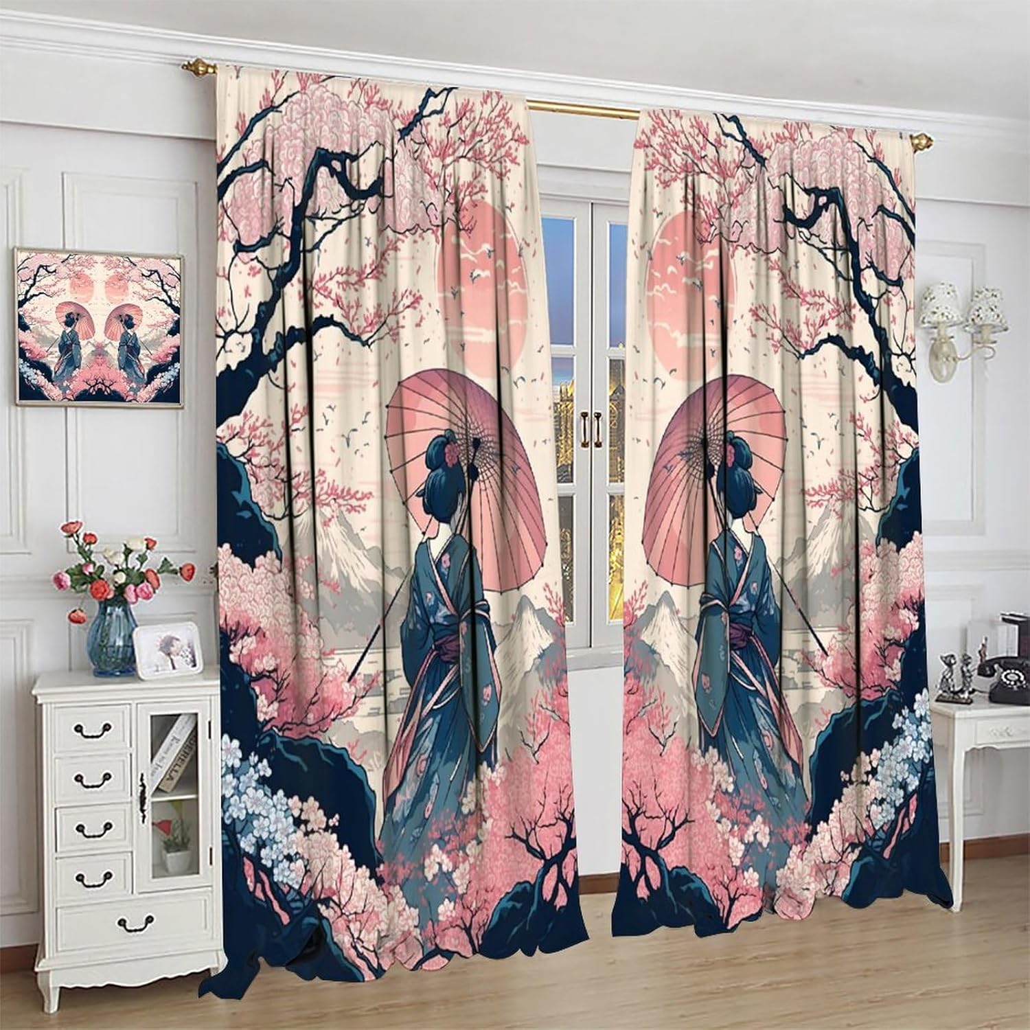 Yoakiet Decorative Blackout Curtains Kimono Woman with Cat 42x63in