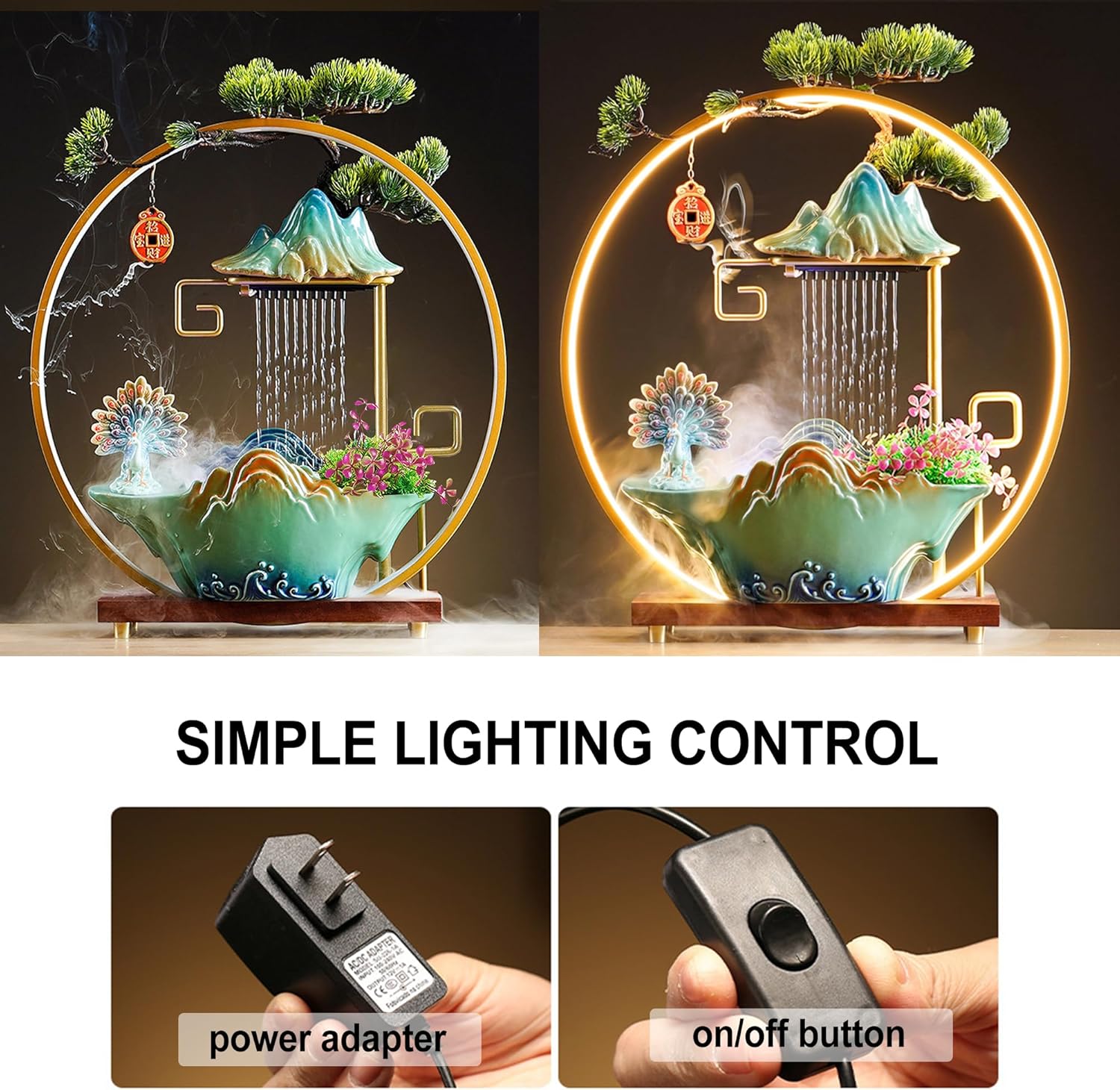 Peacock Tabletop Waterfall Fountain with LED Light