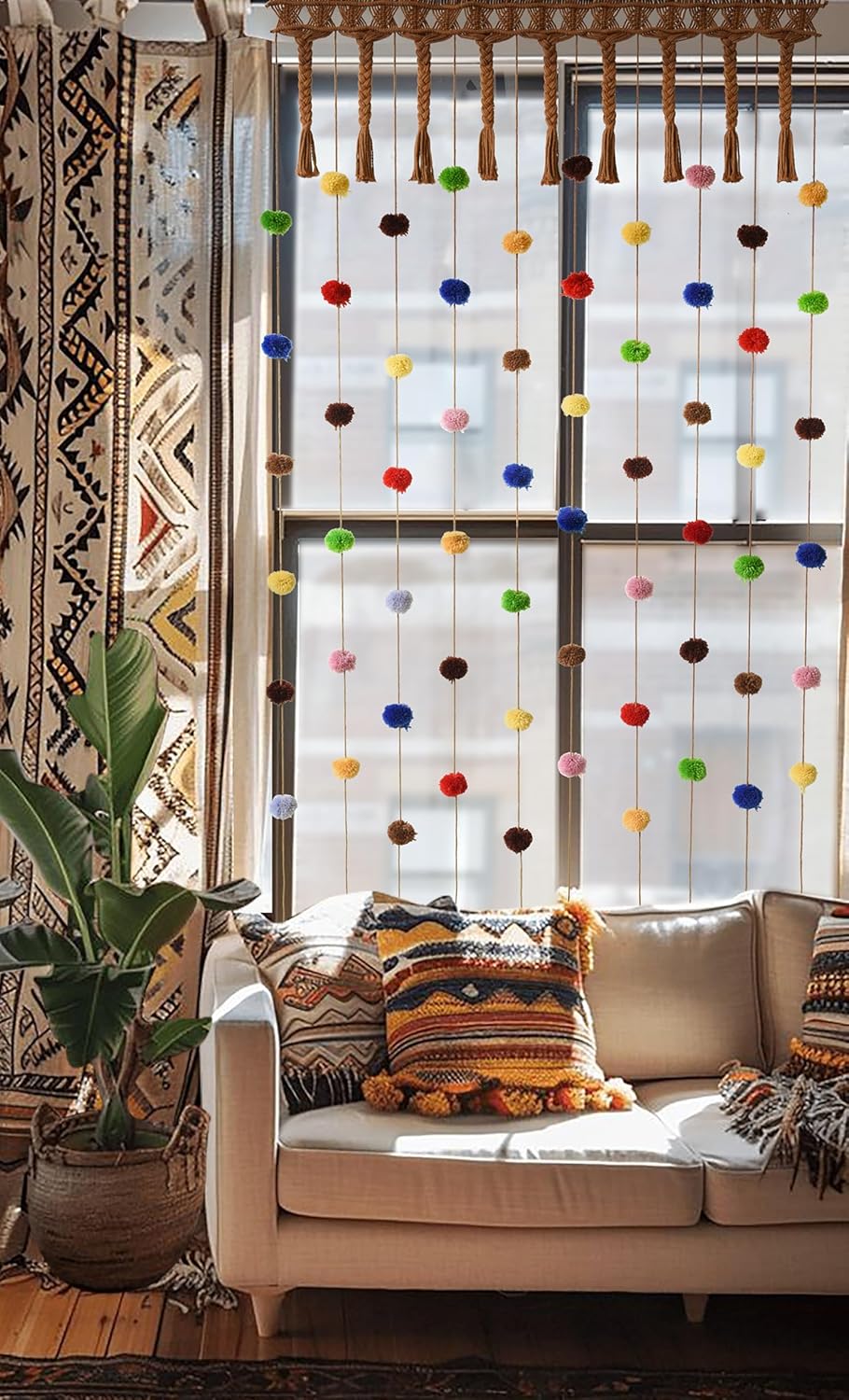 IOWER Pom Pom Macrame Curtain for Kids Room Decor