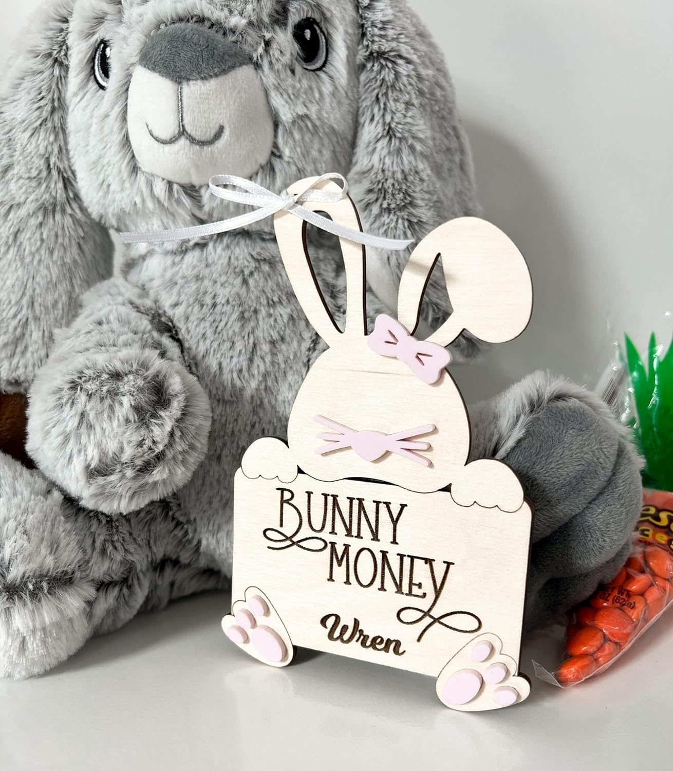 Custom Name Easter Bunny Money Holder - Wooden Basket Decoration