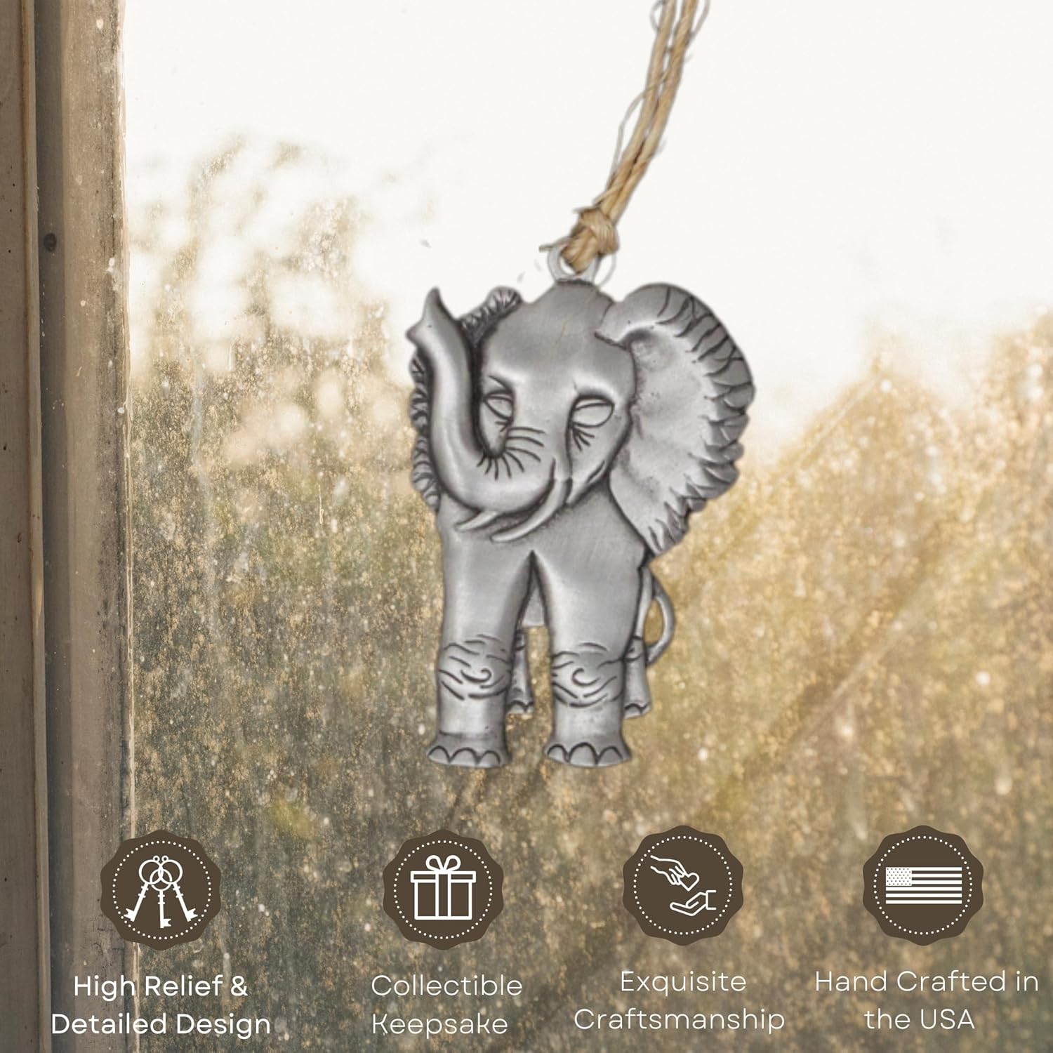 Happy Elephant Pewter Window Hanging Ornament with Satin Finish