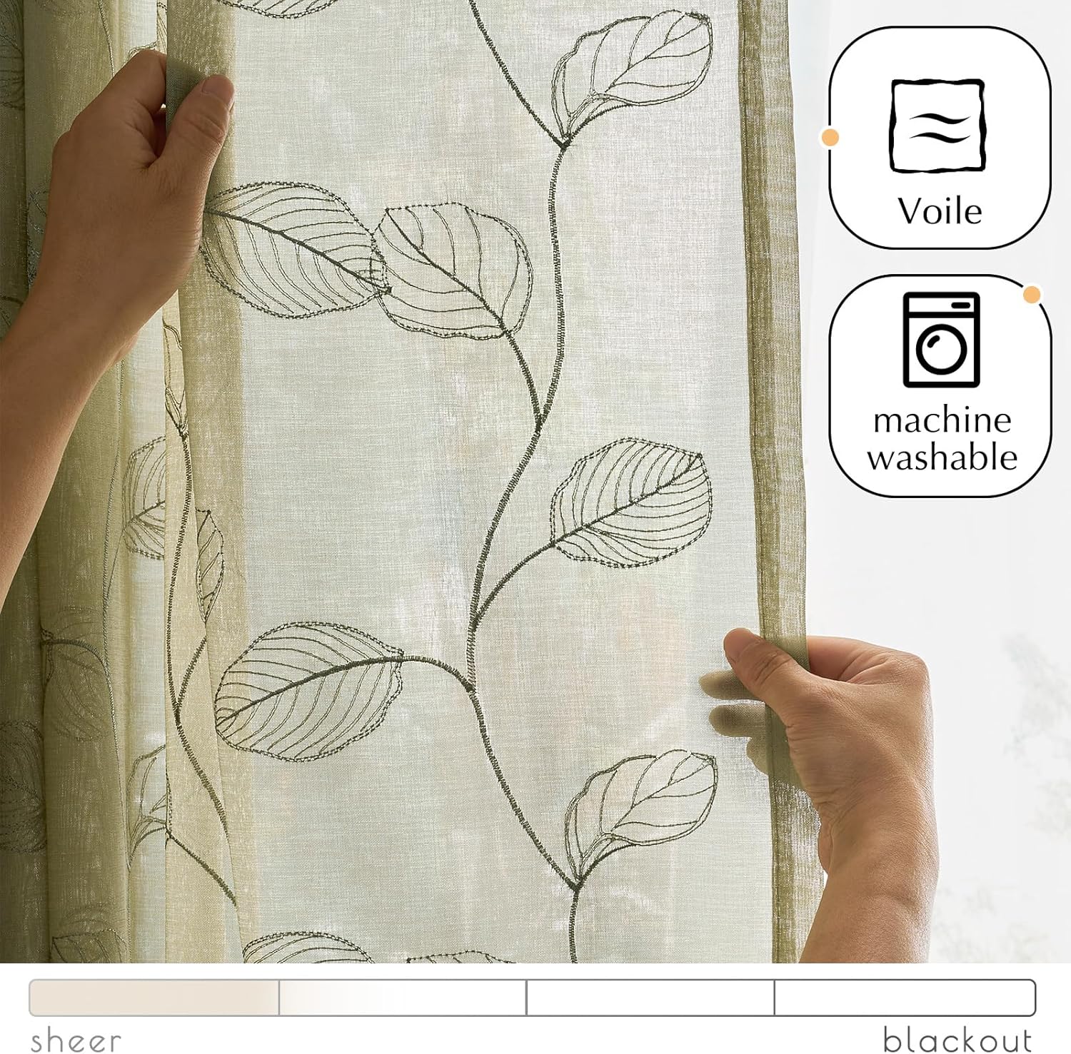 Jinchan Sage Green French Door Curtain with Leaf Embroidery