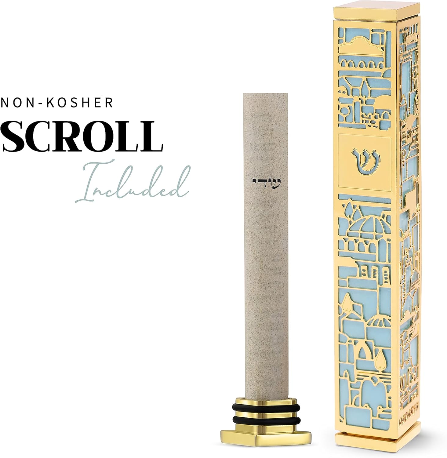 SURI Mezuzah with Jerusalem Design 5-Inch Gold Turquoise Case