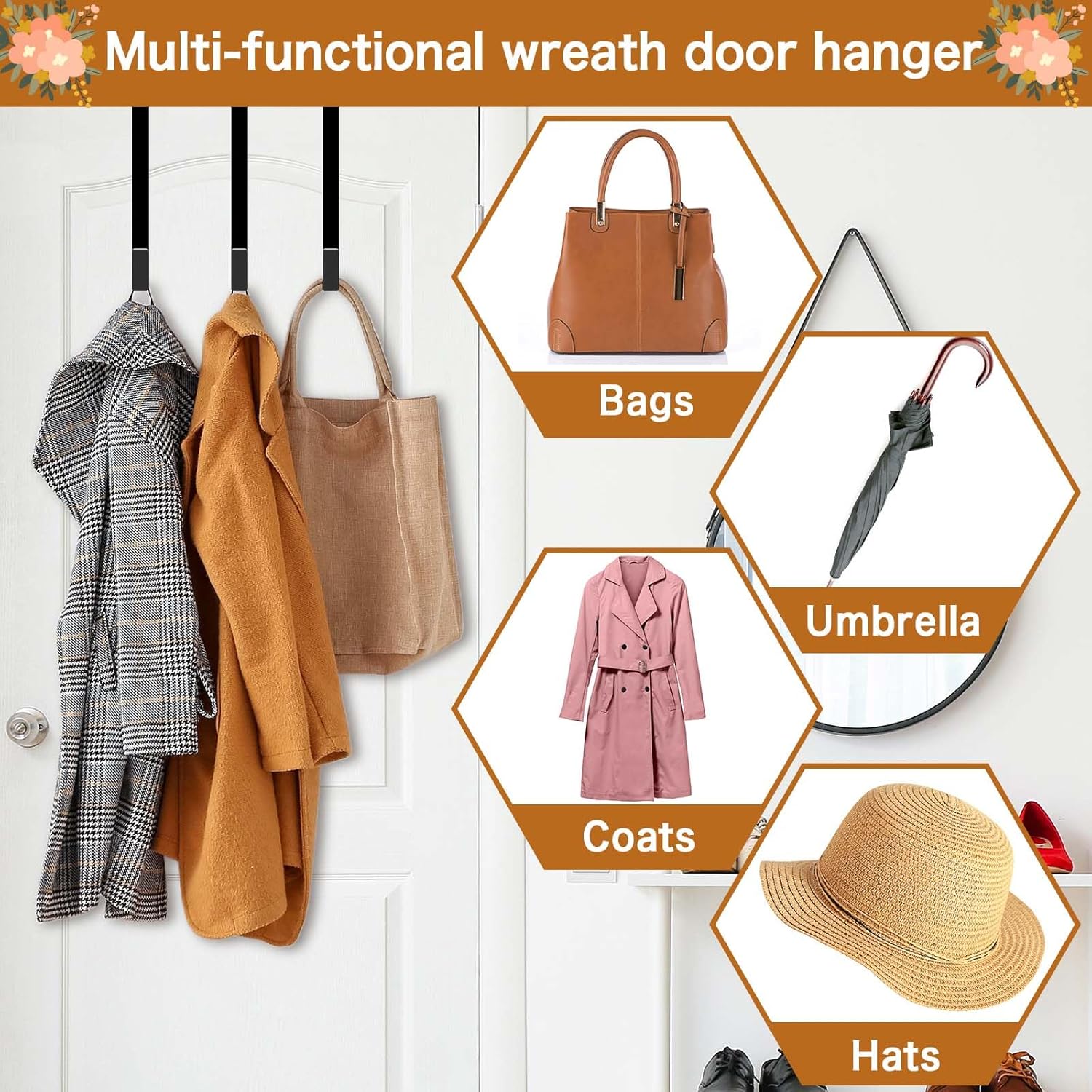 4 Pack Wreath Hanger for Front Door - Metal Hook Black