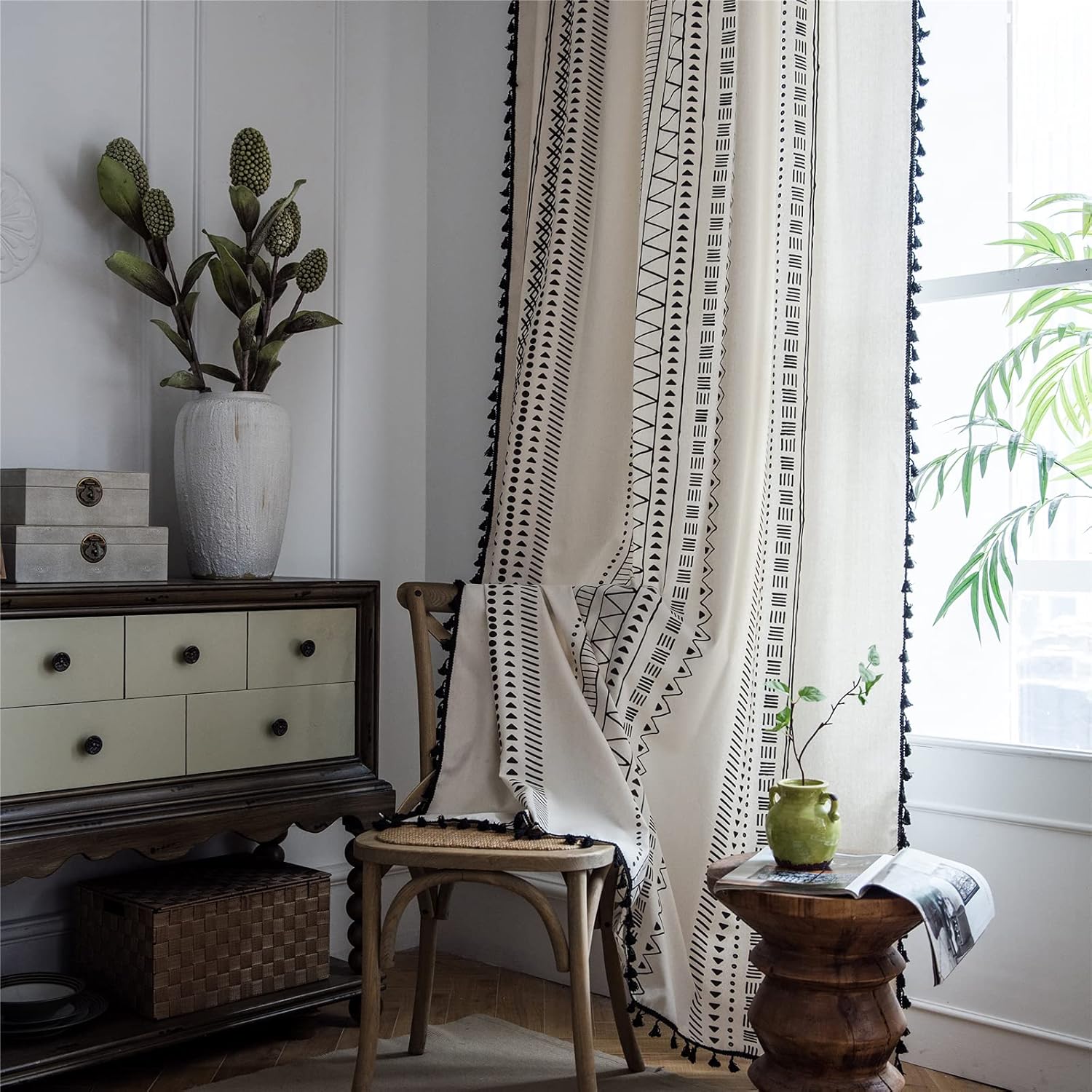 Deeprove Boho Curtain Panel with Black Tassels