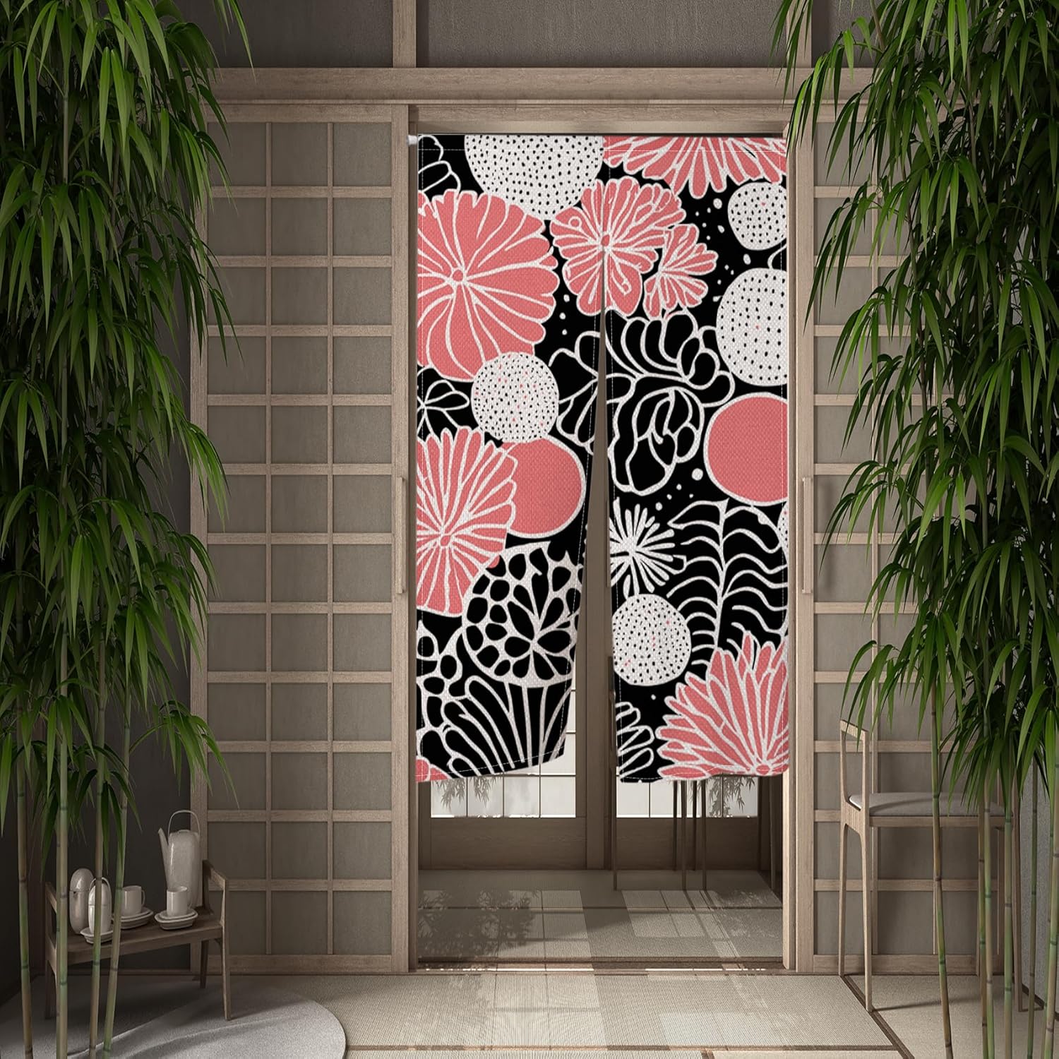 Modern Boho Pink Flower Noren Curtain Panel