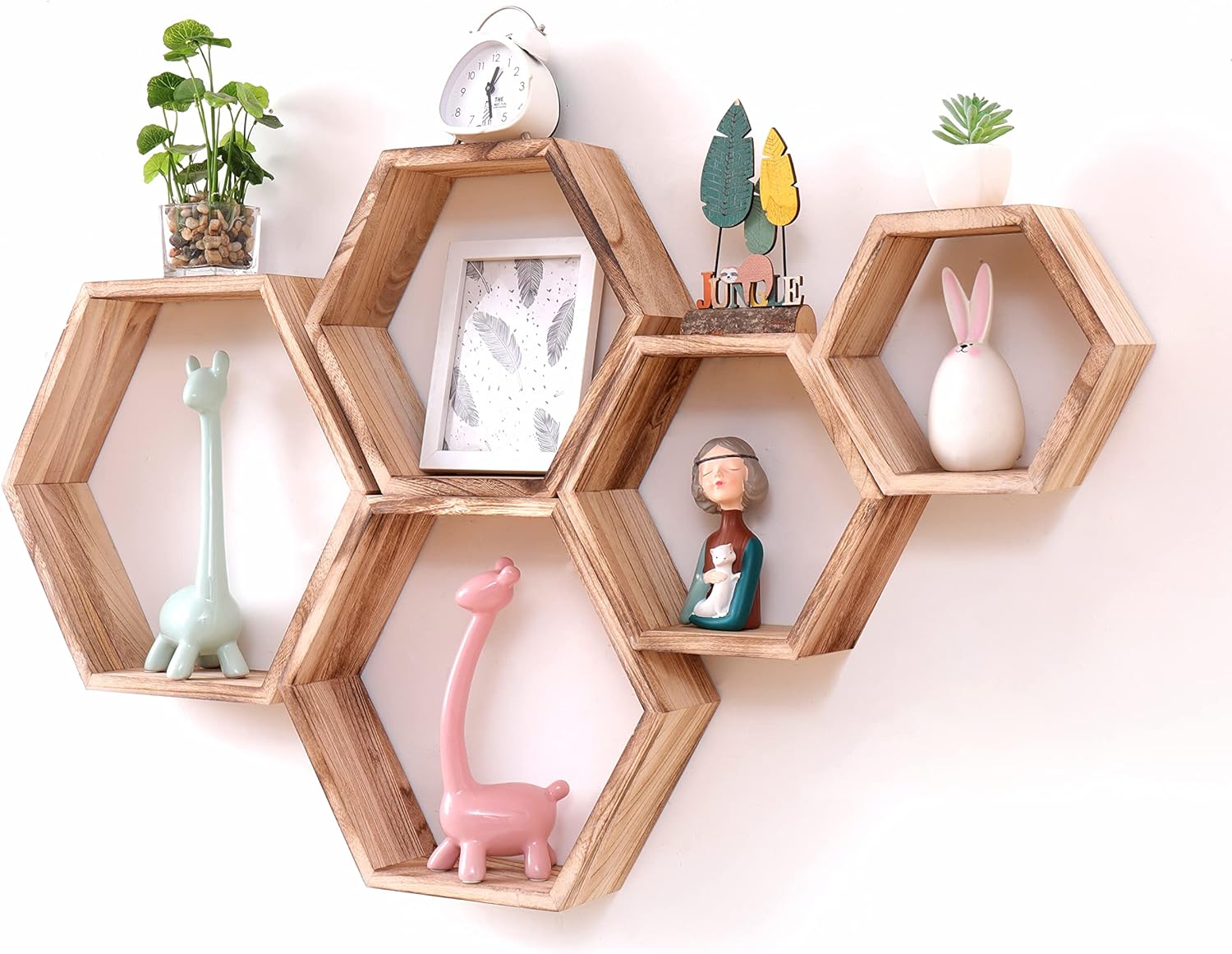 WONFUlity Hexagon Floating Shelf Wall Mount Wood Decor