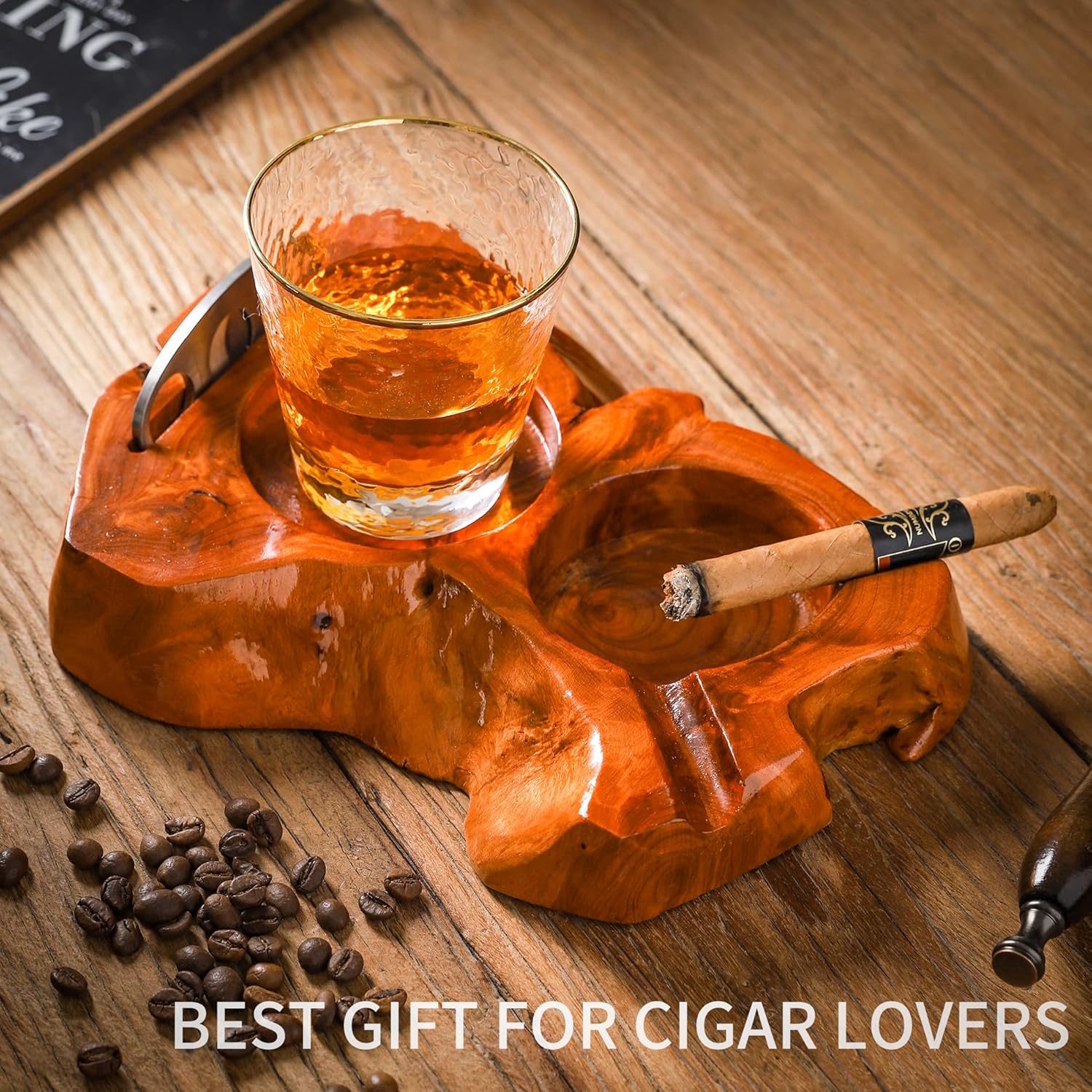 Wooden Cigar Ashtray with Whiskey Glass and Cutter Holder Large