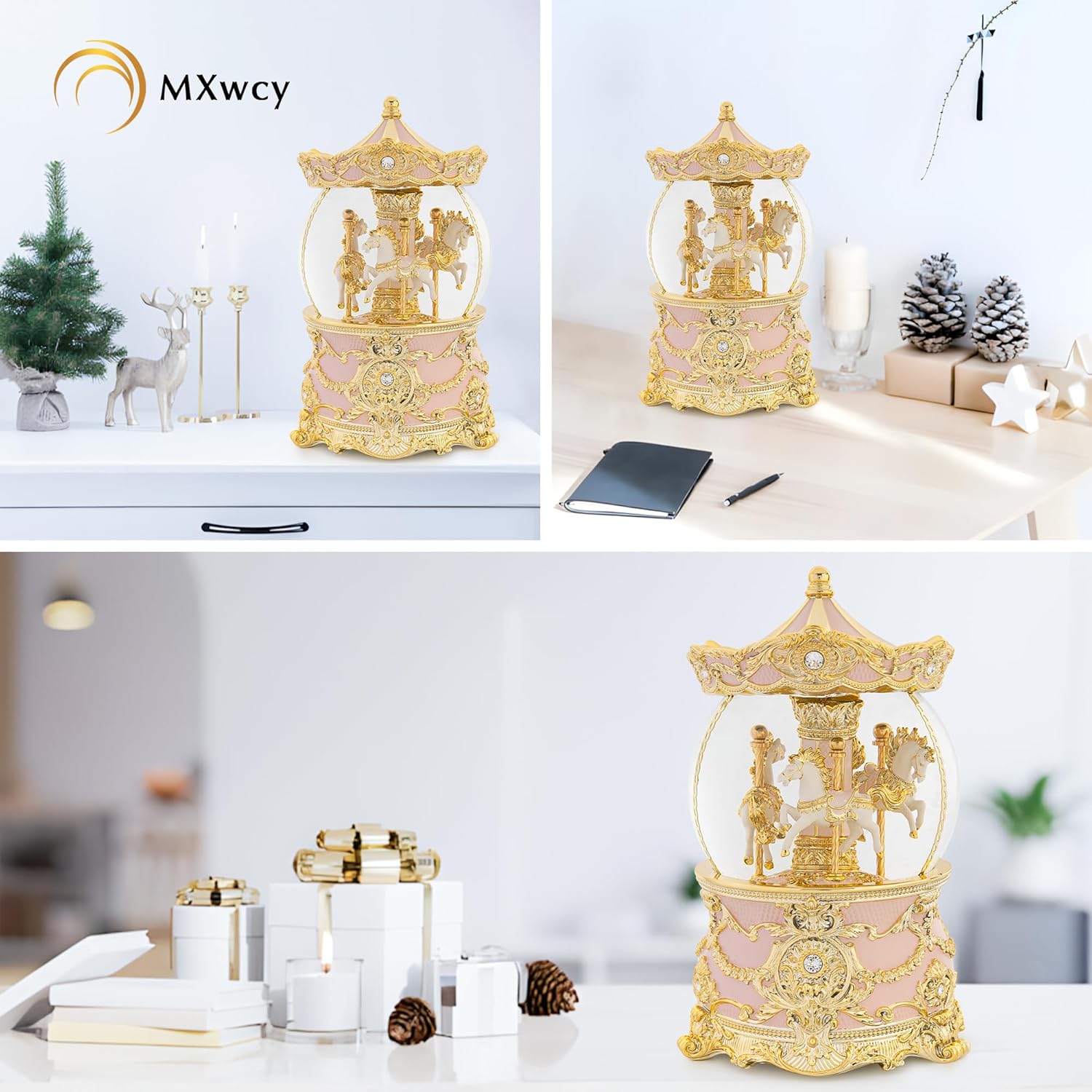 Carousel Music Box Gold Pink Christmas Snow Globe