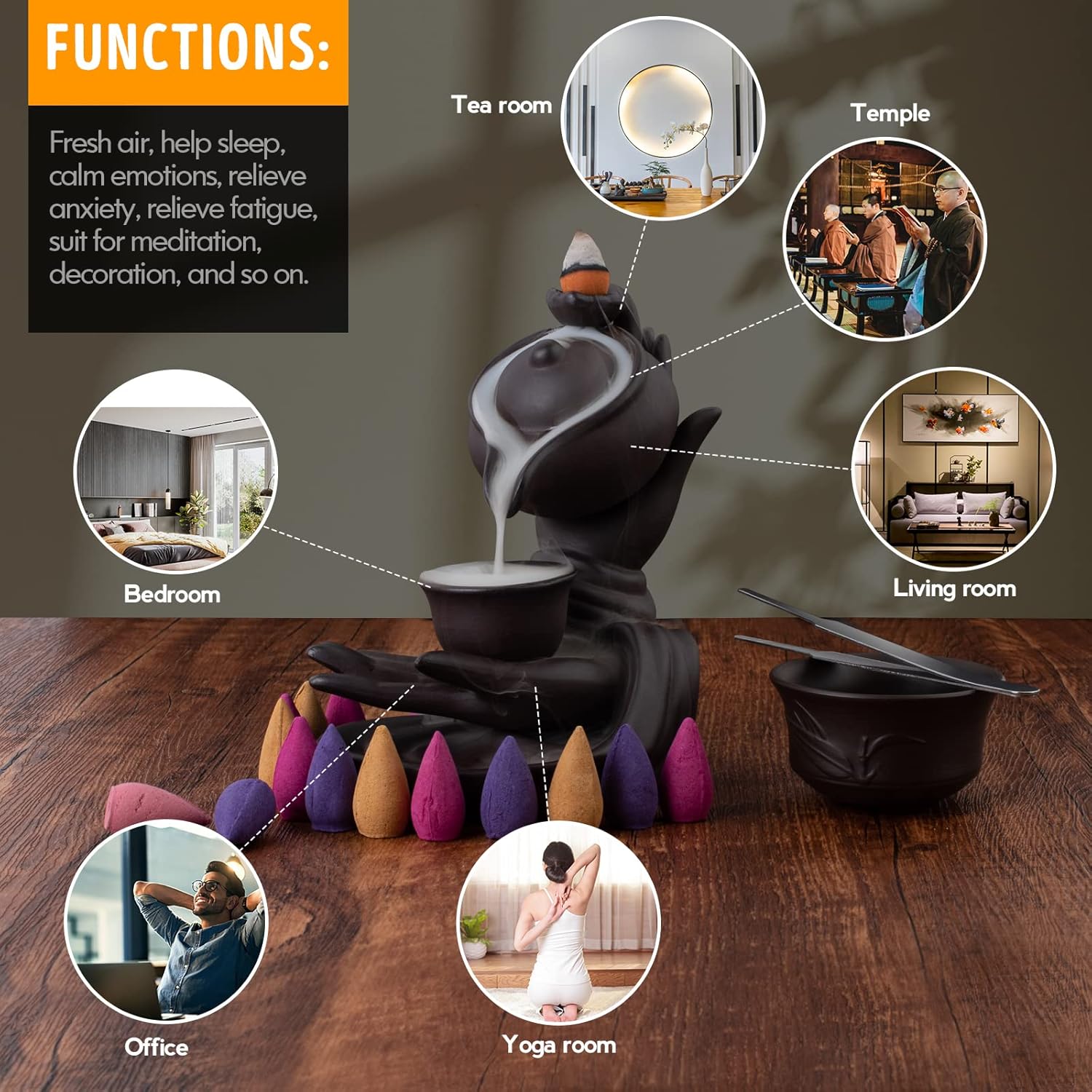 WONXISYO Waterfall Incense Burner with 100 Cones 10 Scents