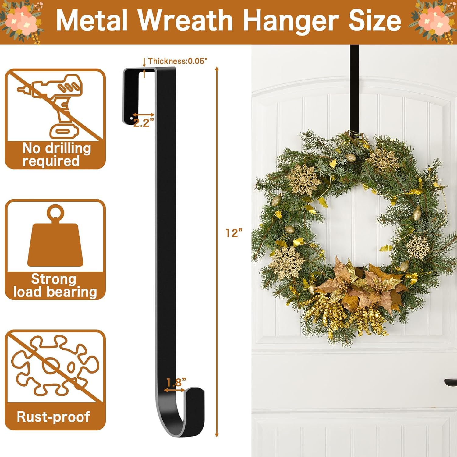 4 Pack Wreath Hanger for Front Door - Metal Hook Black