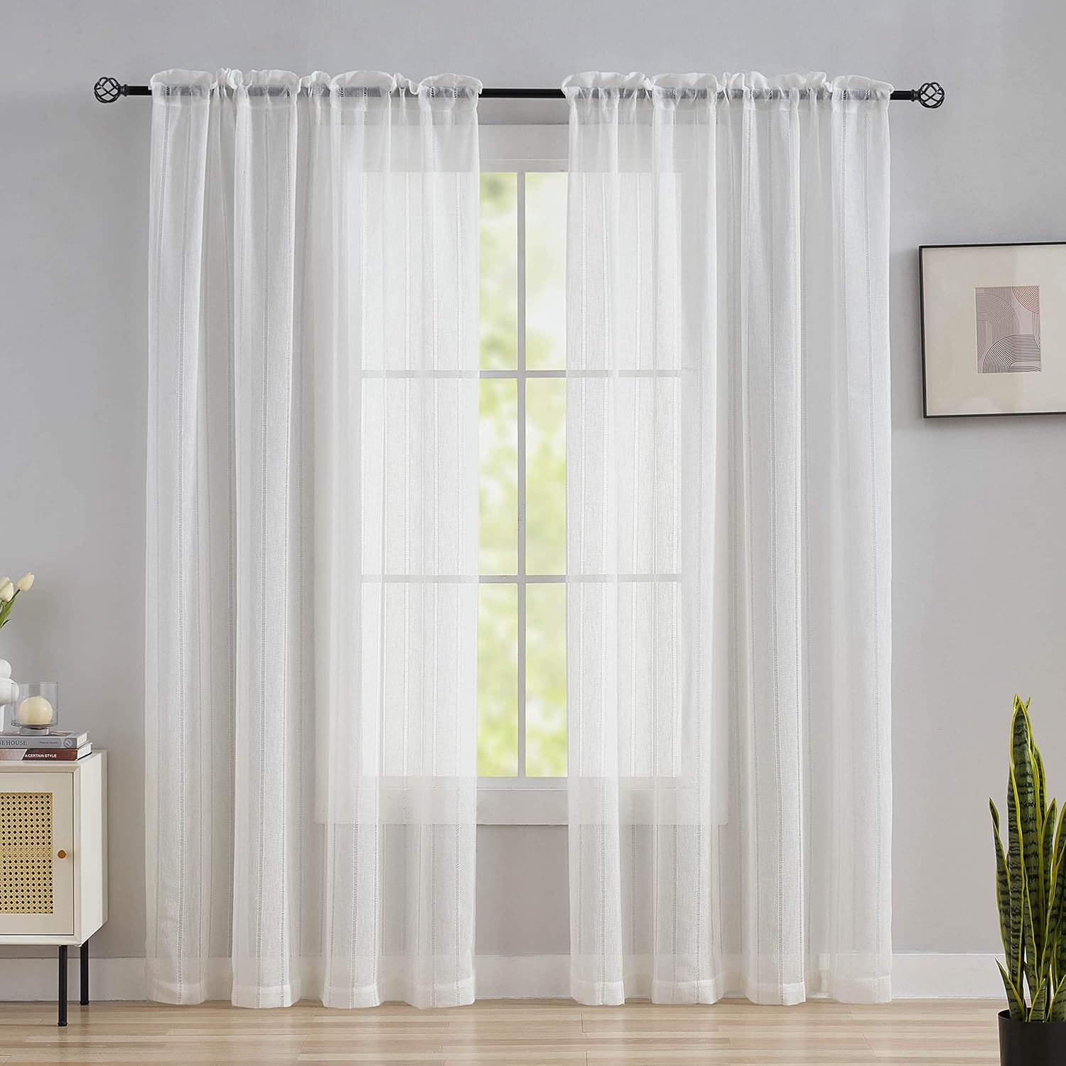 Home Brilliant Semi Sheer Curtains Set of 2 White Striped Panels 54x63