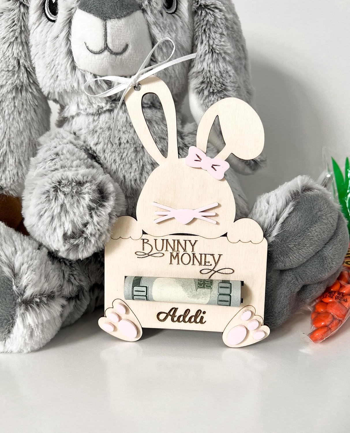 Custom Name Easter Bunny Money Holder - Wooden Basket Decoration