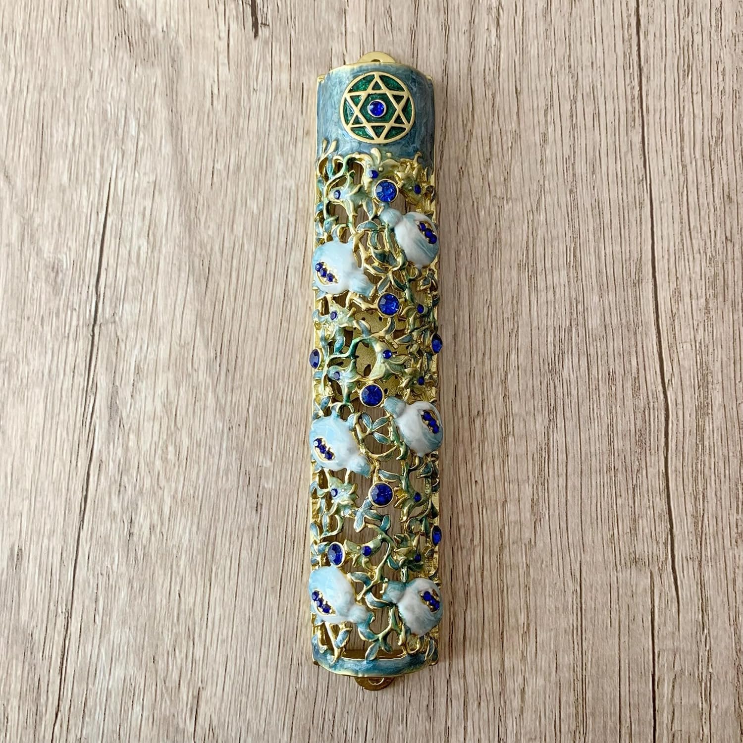 Hand Painted Mezuzah with Blue Crystal Accent