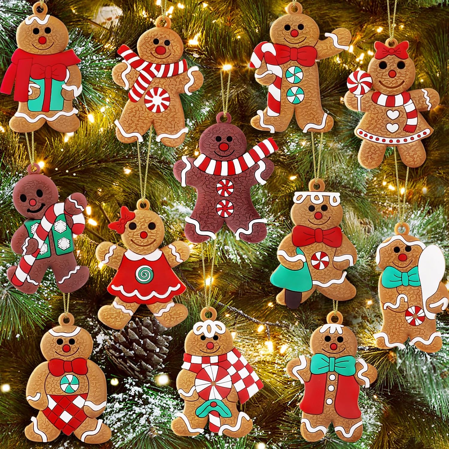 12pcs Christmas Gingerbread Man Ornaments with Gold Ropes