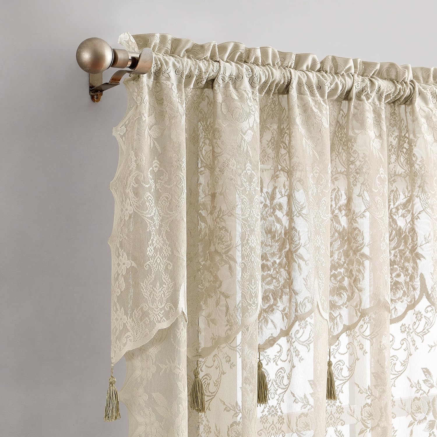 LinenZone Pair of 2 Lace Curtain Panels with Valance and 6 Tassels