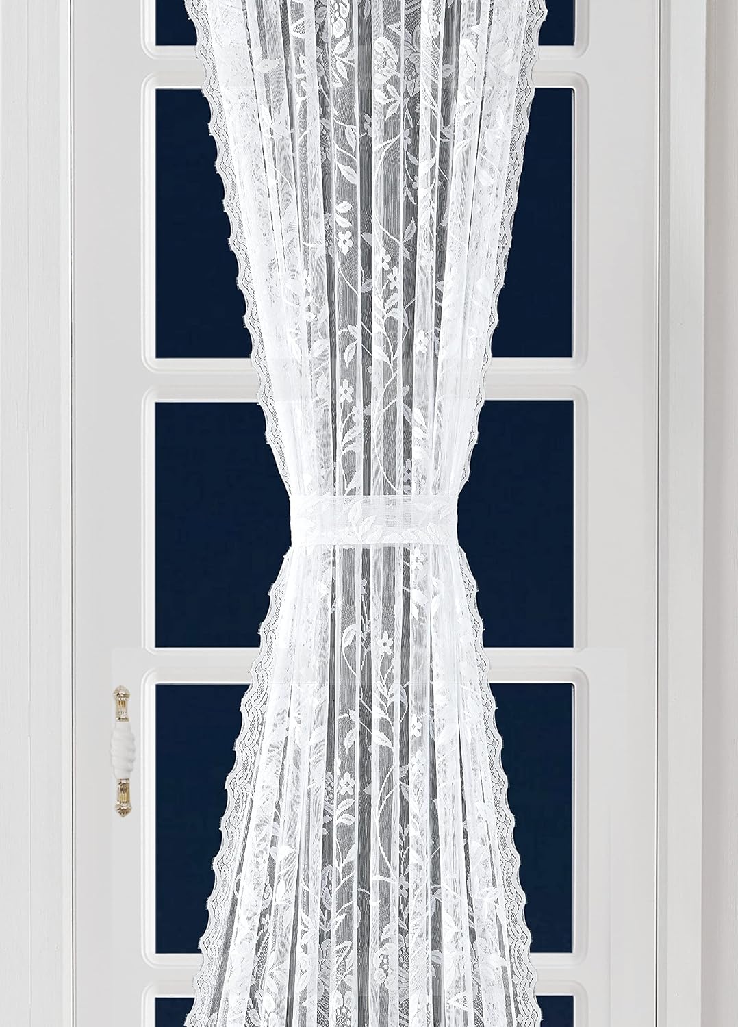 LinenZone White French Door Curtains with Floral Design