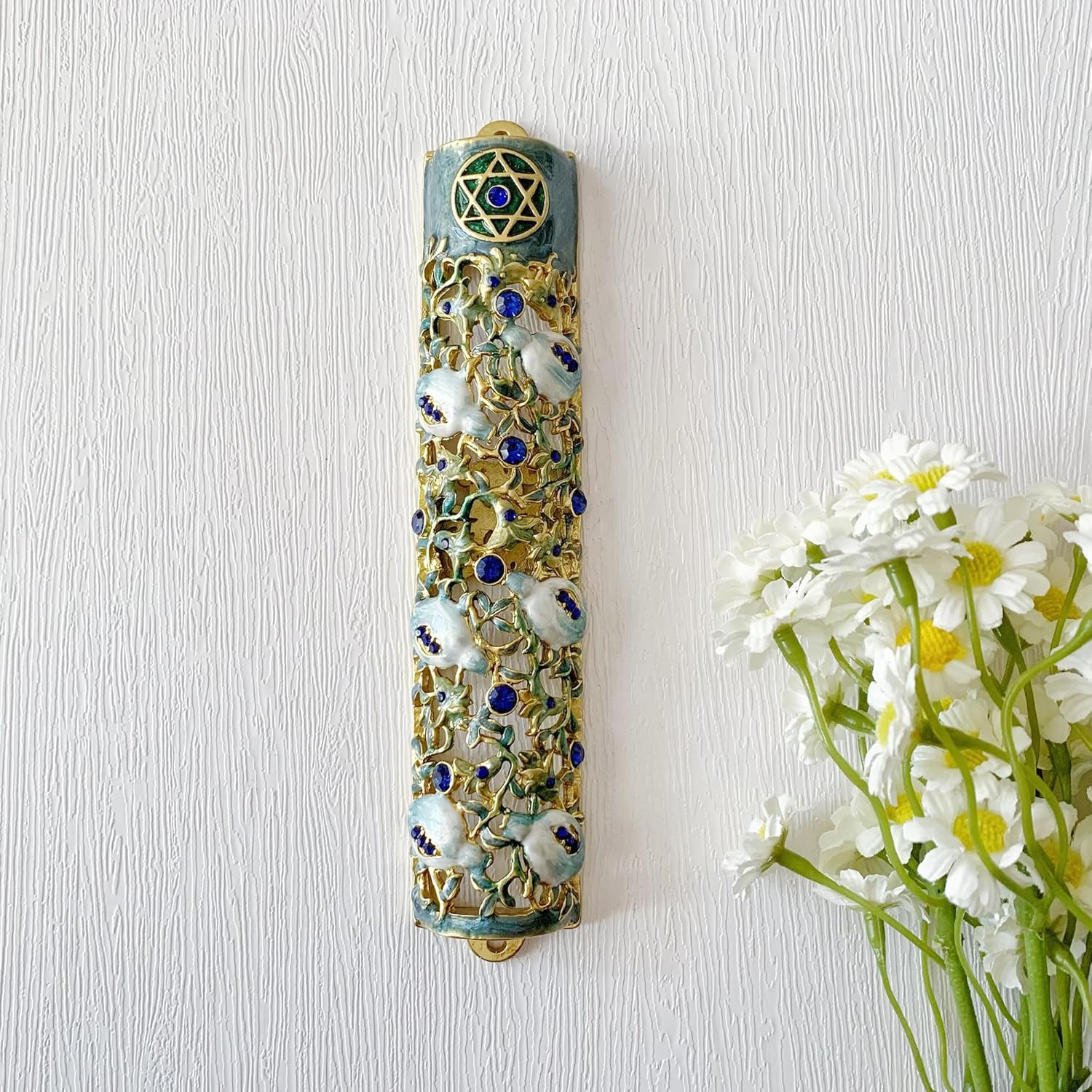 Hand Painted Mezuzah with Blue Crystal Accent