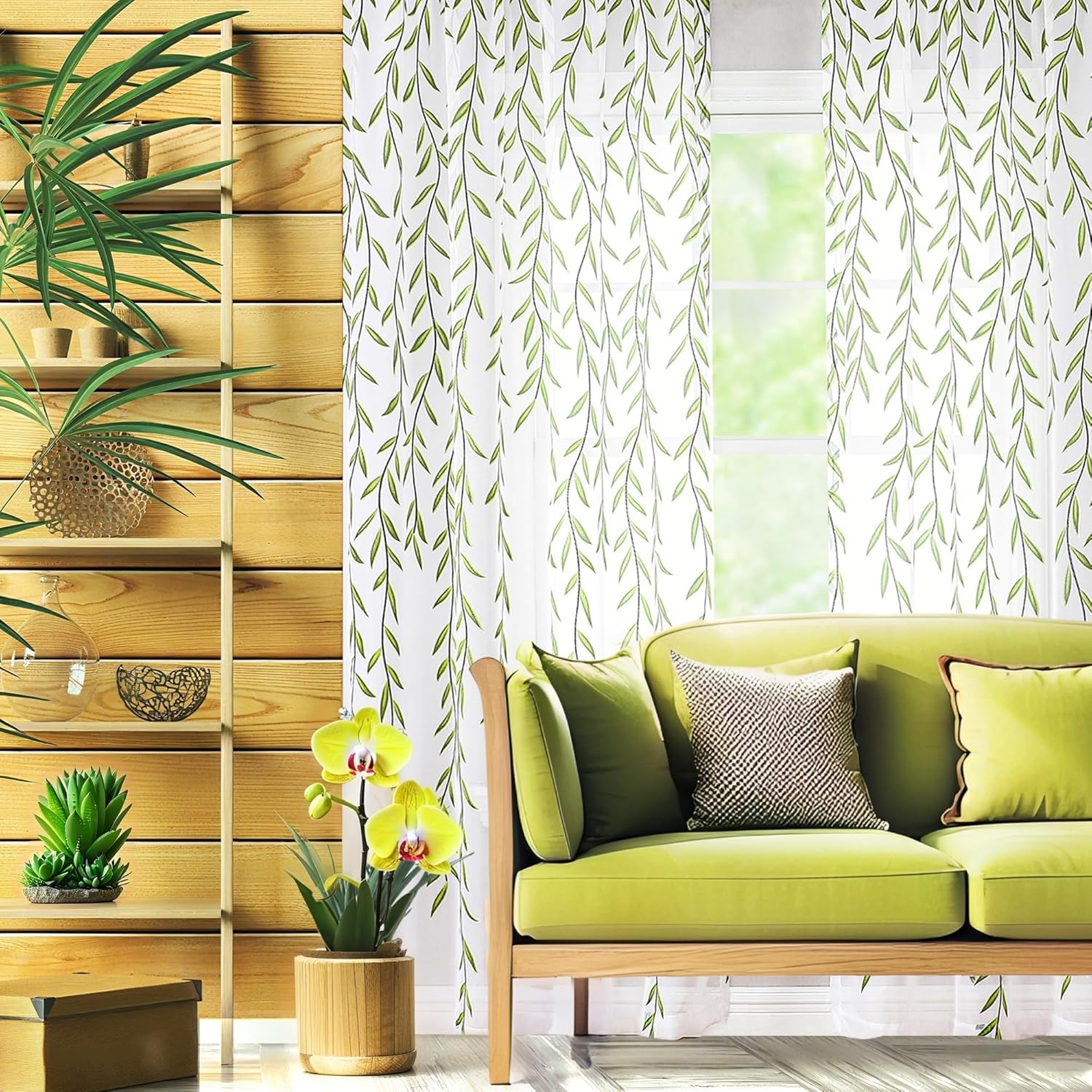 BROSHAN Sheer Curtains 72 Inches Long Leaf Pattern 2 Panel Set