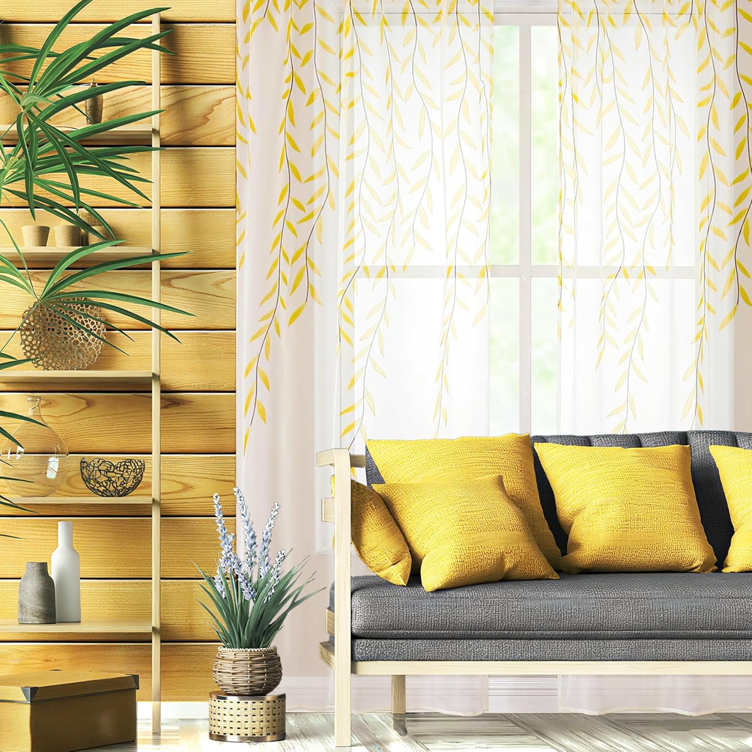 BROSHAN Yellow Sheer Curtains 2 Panels Voile