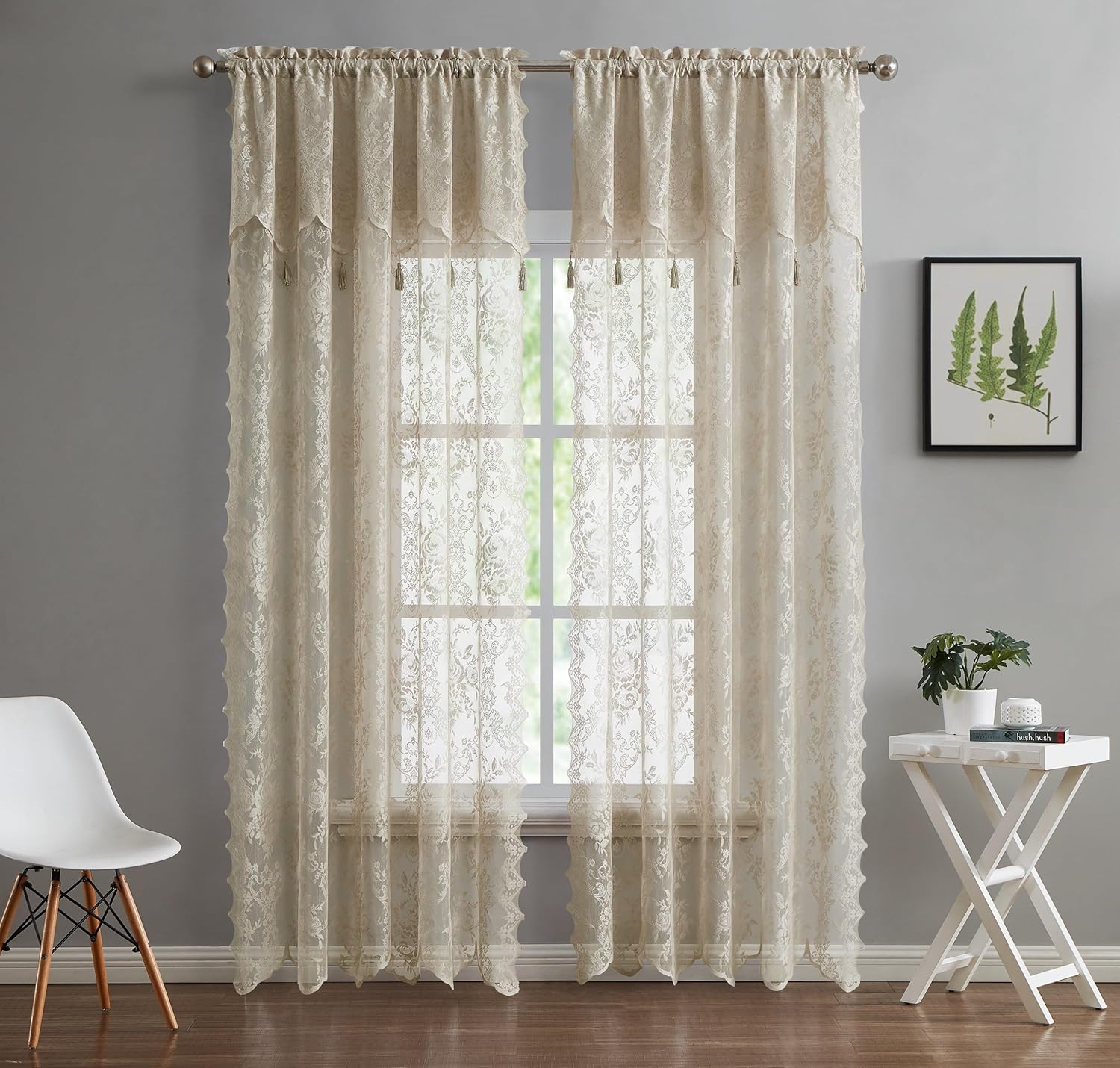 LinenZone Pair of 2 Lace Curtain Panels with Valance and 6 Tassels