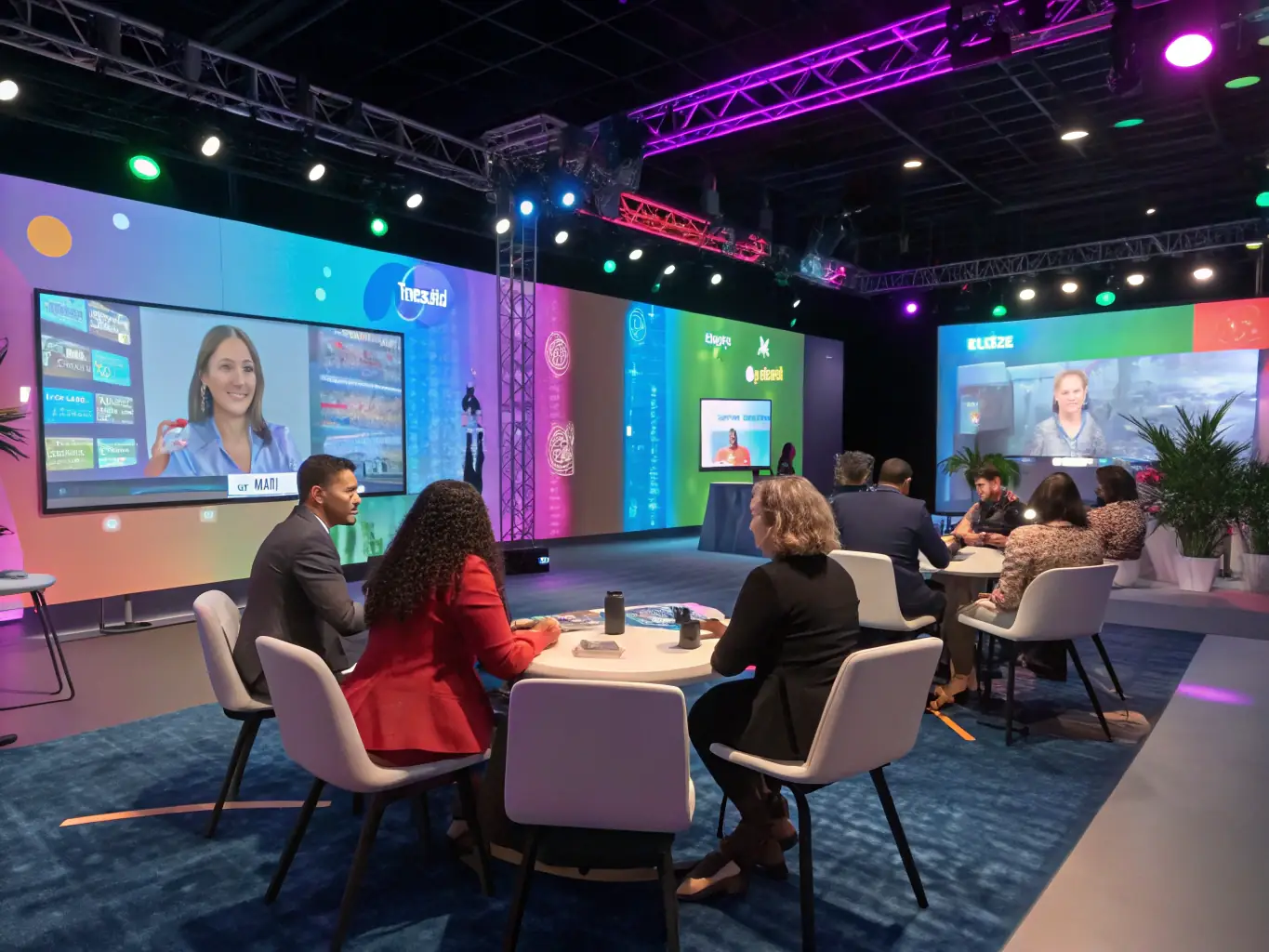 A diverse group of avatars interacting within a virtual event space, showcasing networking opportunities and interactive sessions, reflecting SINCLAIRCLOUD LTD's capabilities in organizing metaverse events.