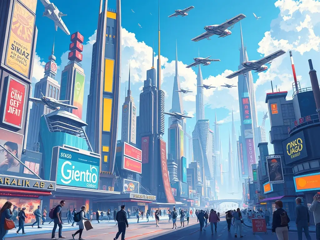 A futuristic cityscape with holographic projections and interconnected digital interfaces, representing metaverse architecture.