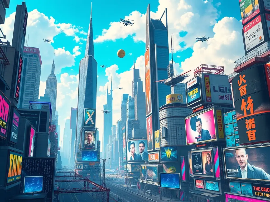 A futuristic cityscape with holographic brand logos floating above, representing the integration of brands into the metaverse.